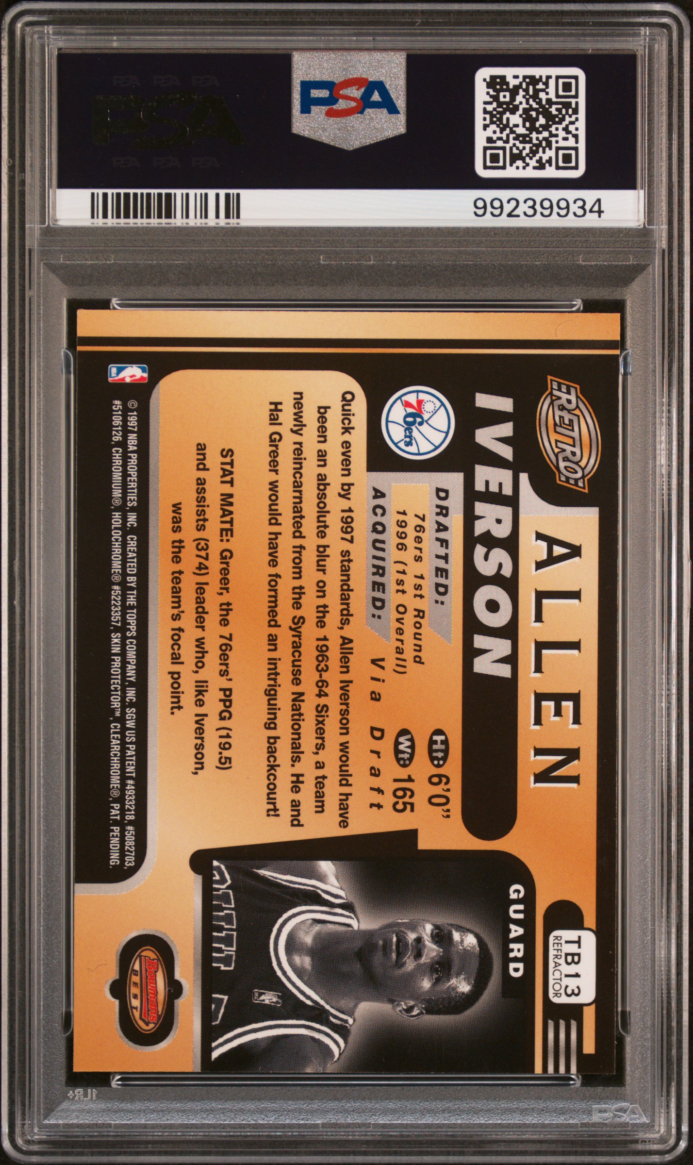 1996 Bowman's Best Retro Allen Iverson #Tb13 (Retro-Refractor) Nm-Mt 8 back