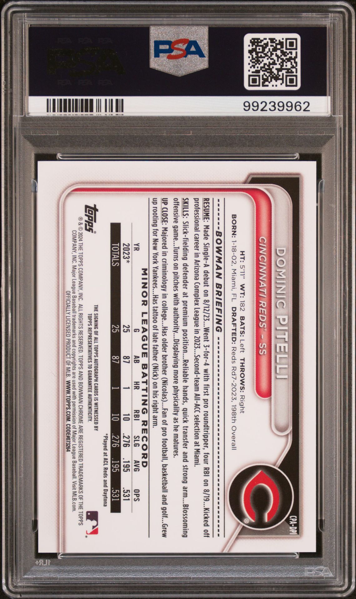 2024 BOWMAN CHROME PROSPECT AUTOGRAPHS DOMINIC PITELLI PRSPCT AU-MINI DIAMOND REF CPADPI GEM MT 10 back