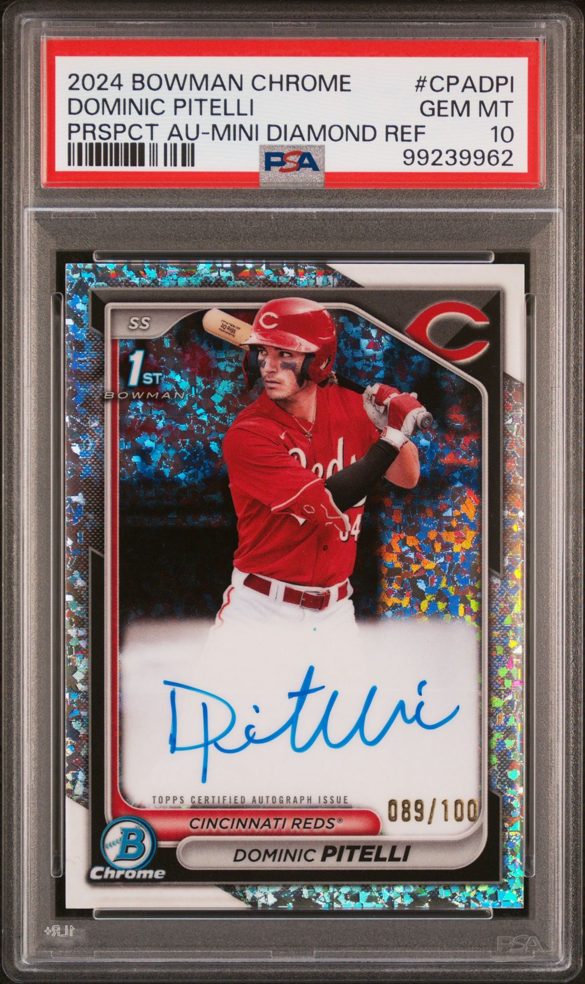 2024 BOWMAN CHROME PROSPECT AUTOGRAPHS DOMINIC PITELLI PRSPCT AU-MINI DIAMOND REF CPADPI GEM MT 10 front