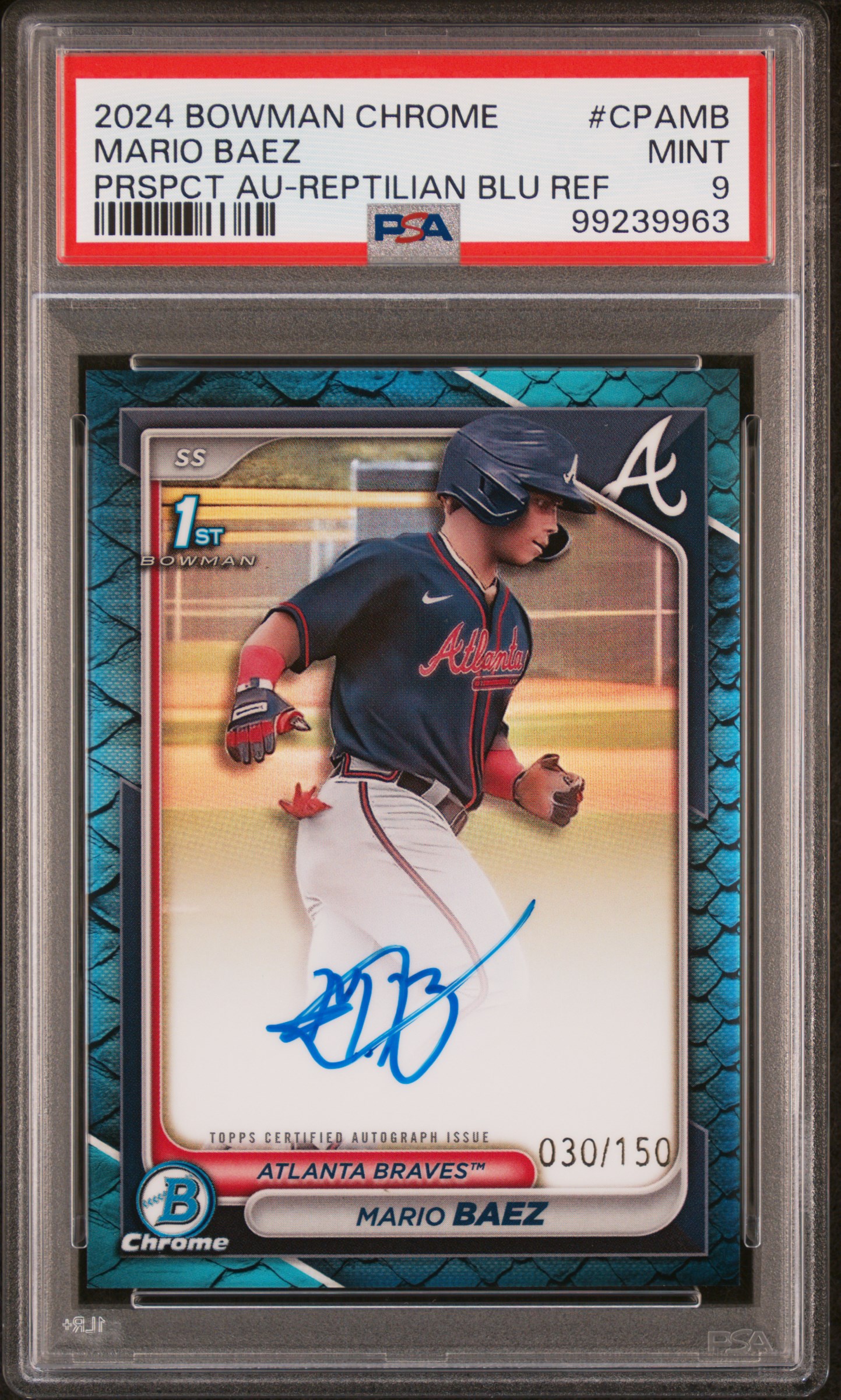 2024 Bowman Chrome Prospect Autographs Mario Baez #Cpamb (Prspct Au-Reptilian Blu Ref) Mint 9 front