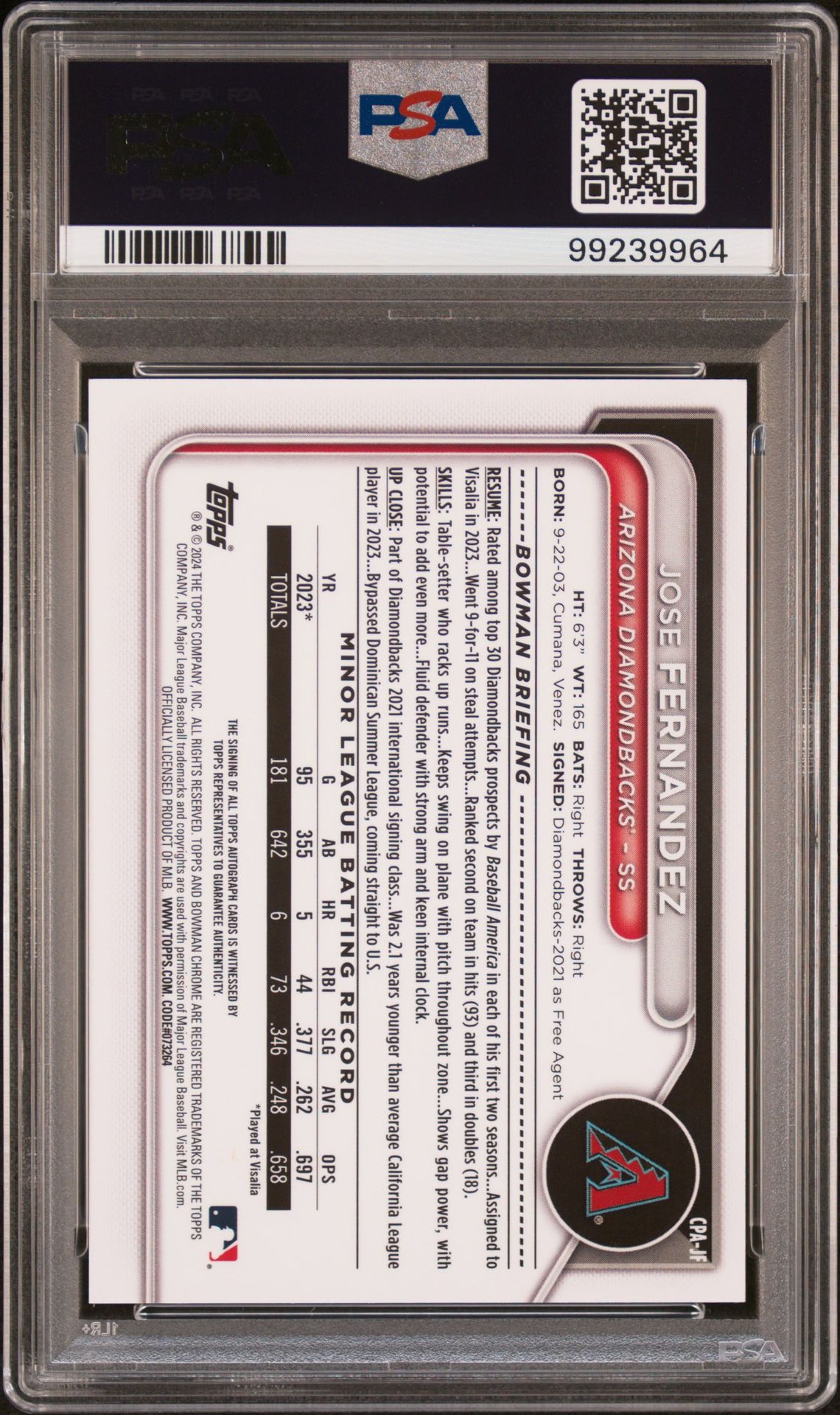 2024 BOWMAN CHROME PROSPECT AUTOGRAPHS JOSE FERNANDEZ PROSPECT AUTO-GOLD REF CPAJF GEM MT 10 back