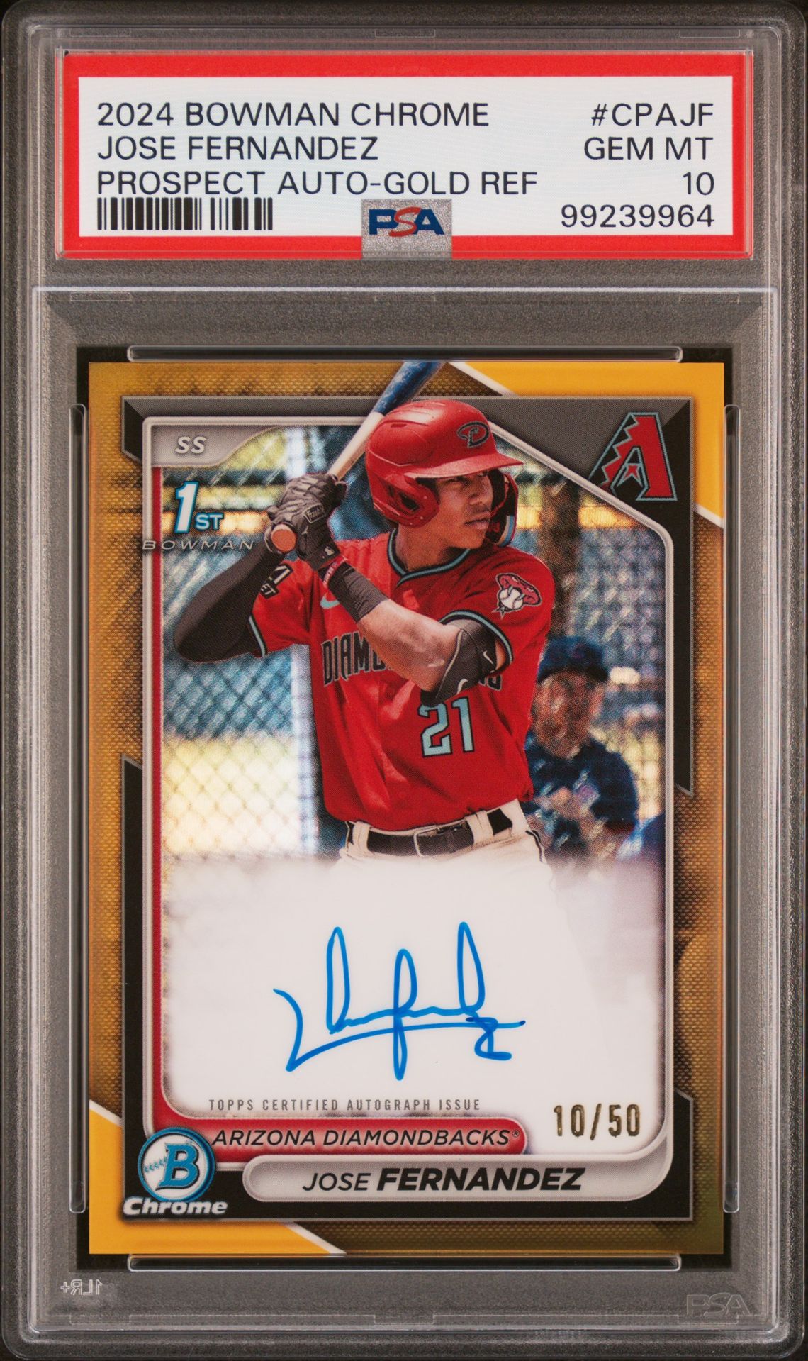 2024 BOWMAN CHROME PROSPECT AUTOGRAPHS JOSE FERNANDEZ PROSPECT AUTO-GOLD REF CPAJF GEM MT 10 front