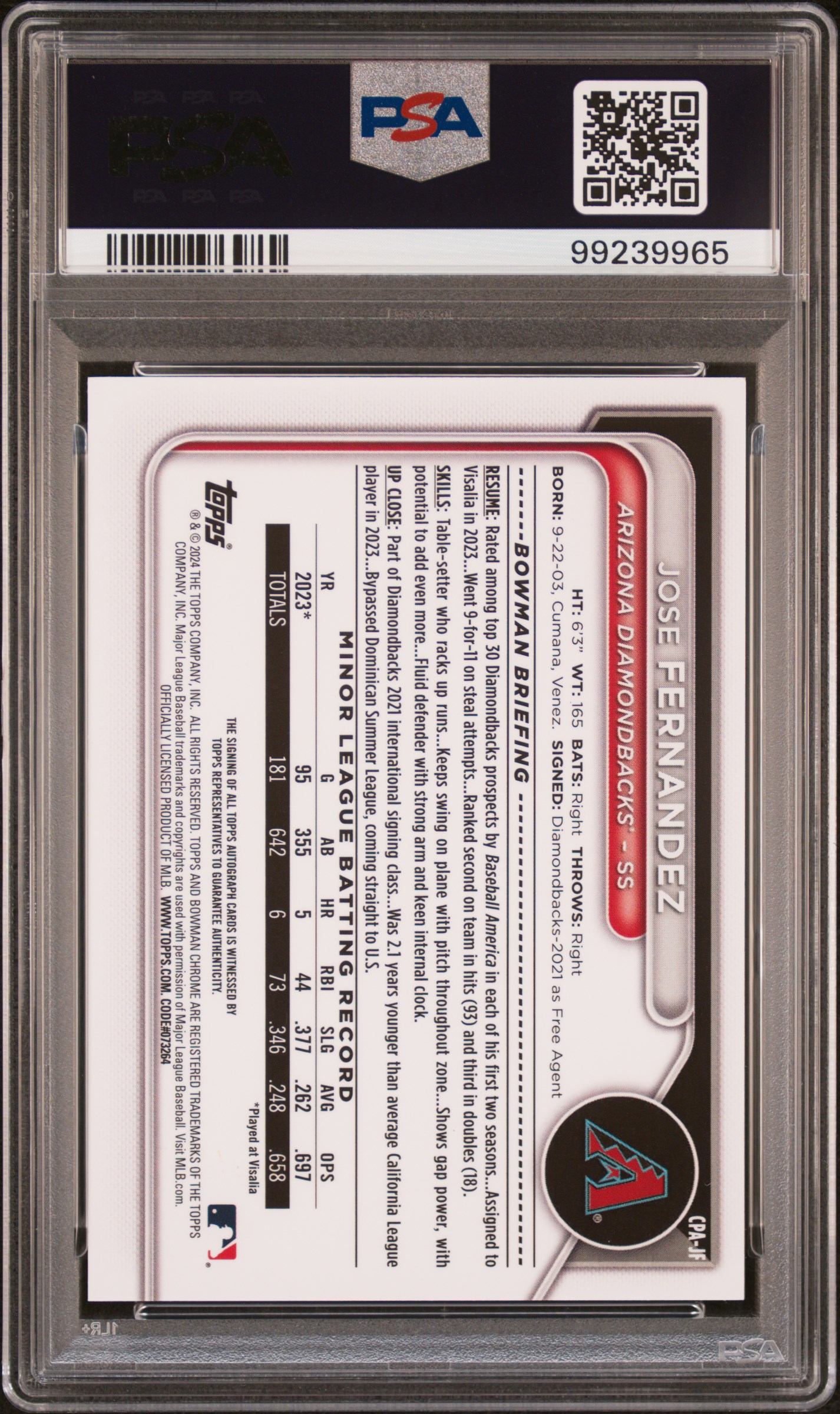 2024 Bowman Chrome Prospect Autographs Jose Fernandez #Cpajf (Prospect Auto-Blue Ref) Mint 9 back