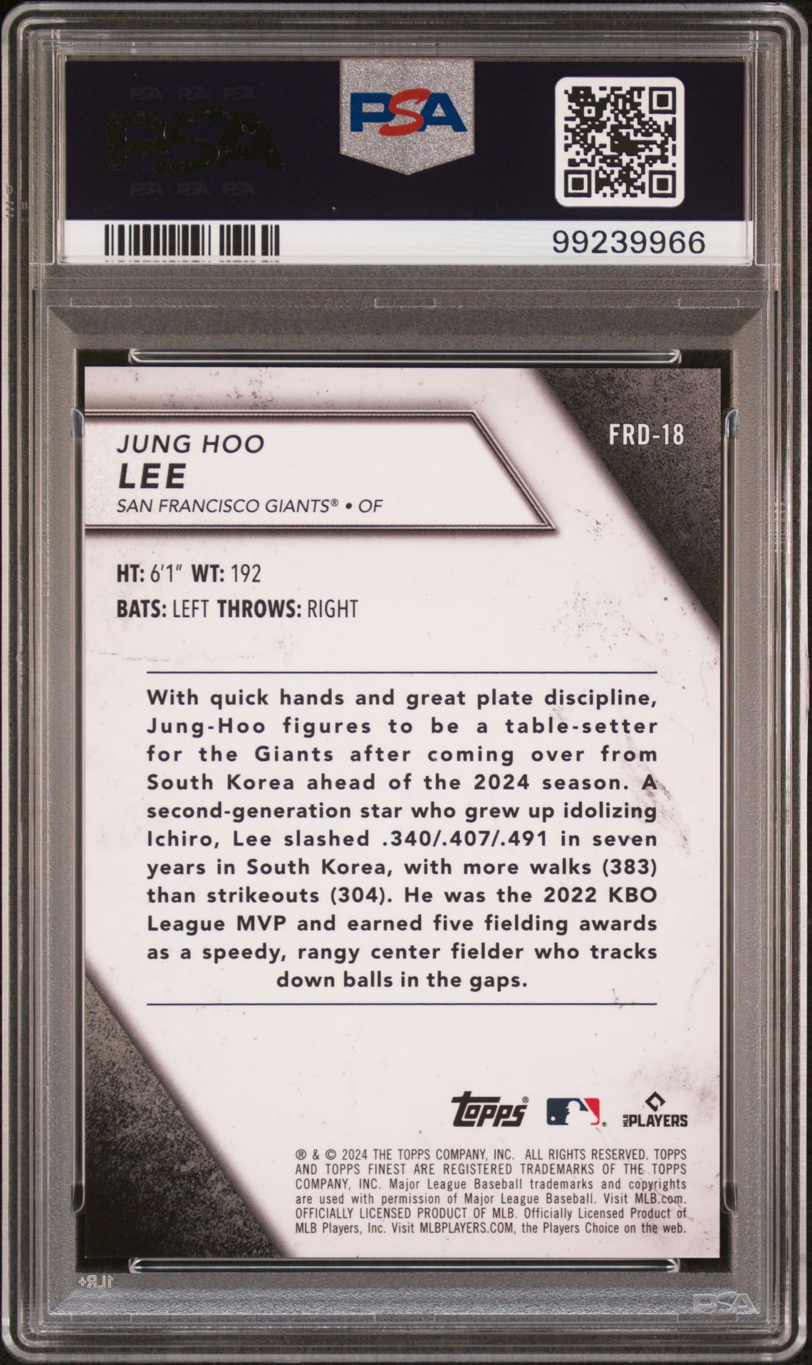 2024 Topps Finest Finest Rookie Design Variation Jung-Hoo Lee #Frd18 (Rookie Design Var-Black Ref) Gem Mt 10 back view - PSA certificate #99239966
