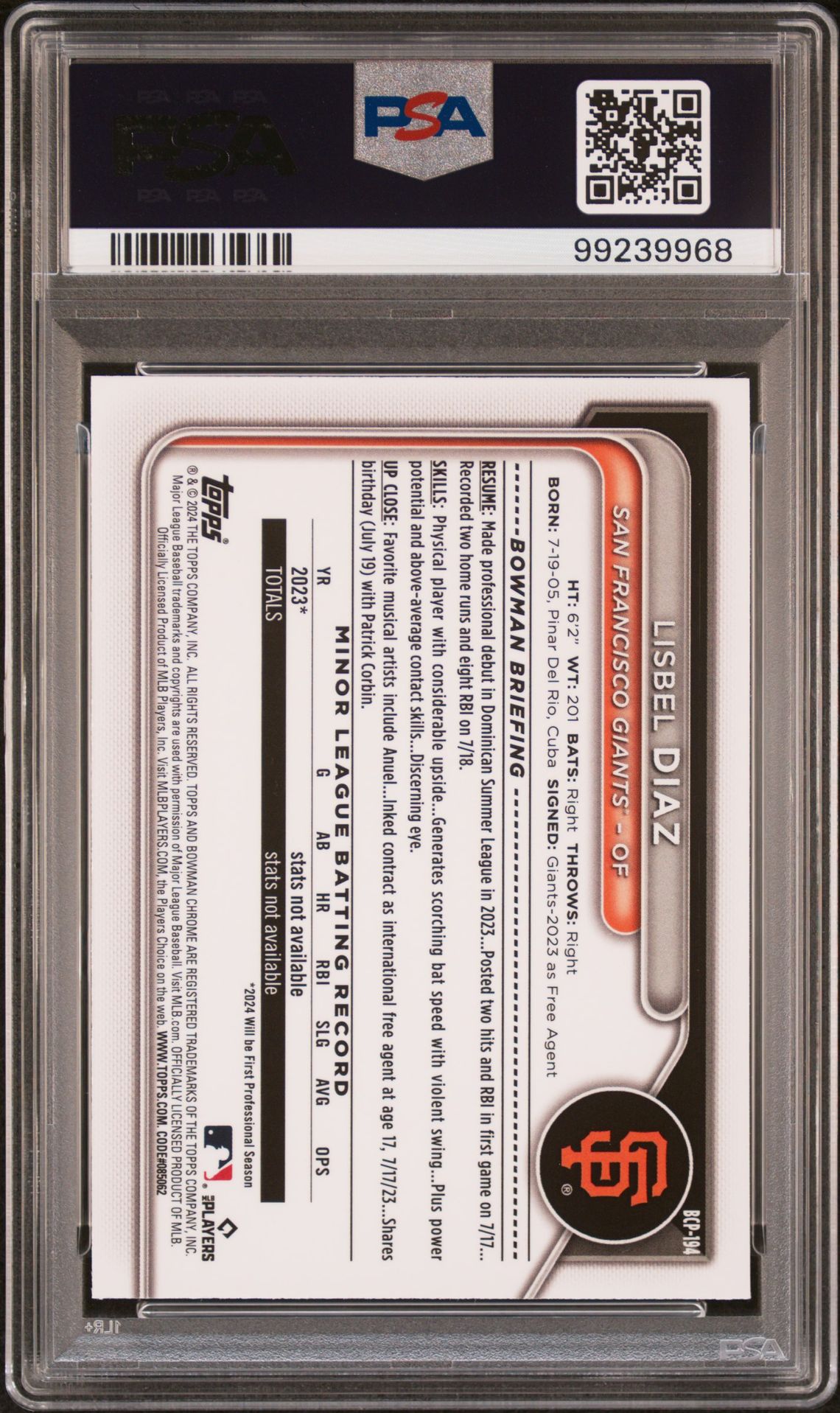2024 Bowman Chrome Prospects Lisbel Diaz #Bcp194 (Prospects-Aqua Refractor) Gem Mt 10 back view - PSA certificate #99239968