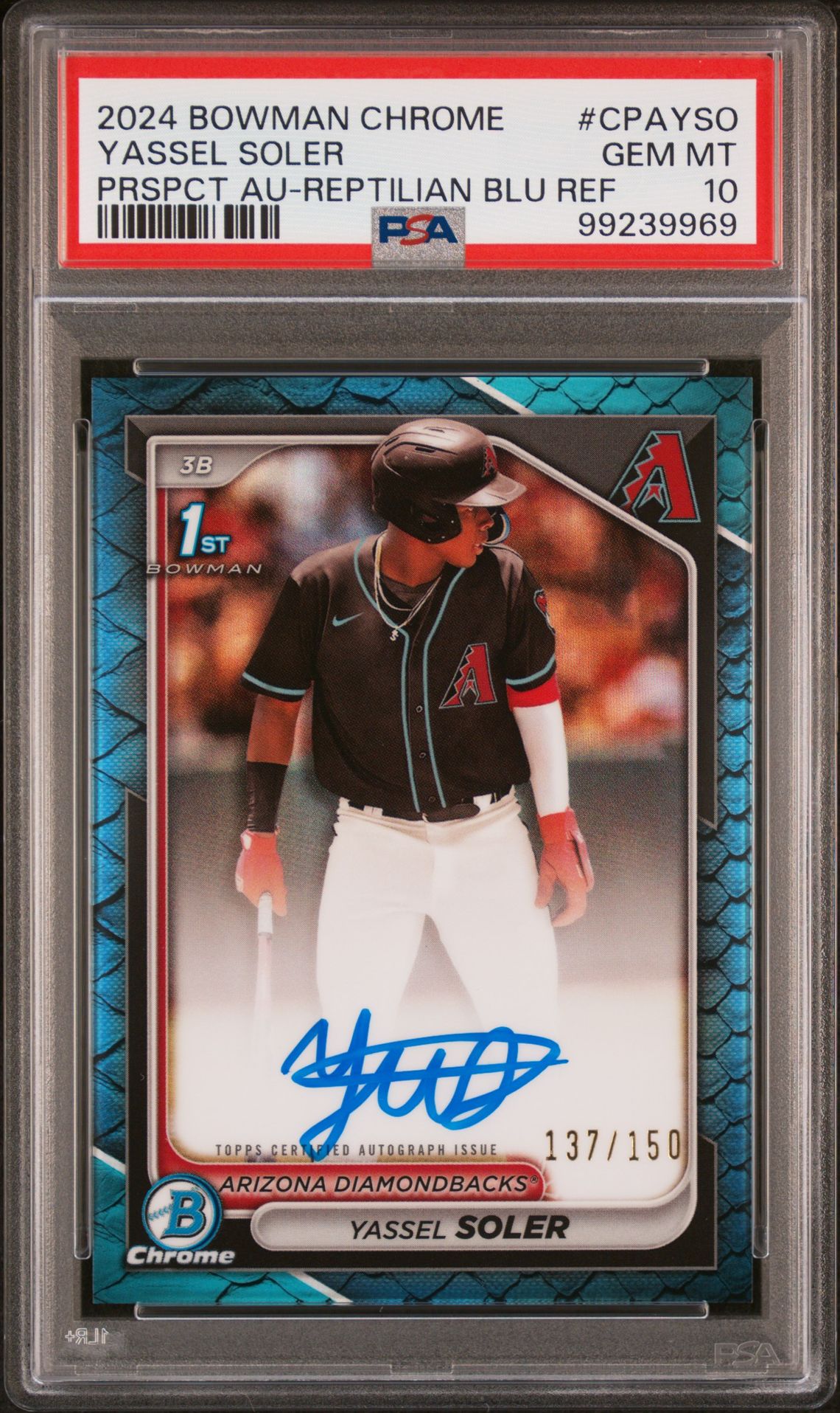 2024 Bowman Chrome Prospect Autographs Yassel Soler #Cpayso (Prspct Au-Reptilian Blu Ref) Gem Mt 10 front view - PSA graded GEM MT 10