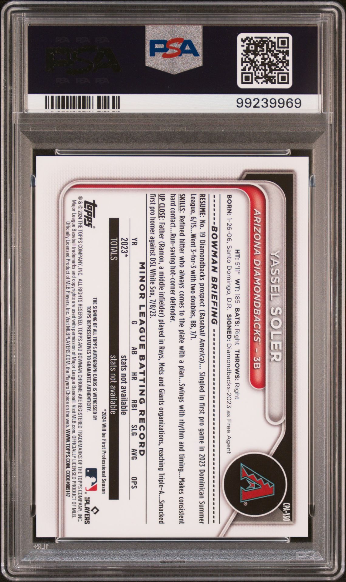 2024 Bowman Chrome Prospect Autographs Yassel Soler #Cpayso (Prspct Au-Reptilian Blu Ref) Gem Mt 10 back view - PSA certificate #99239969