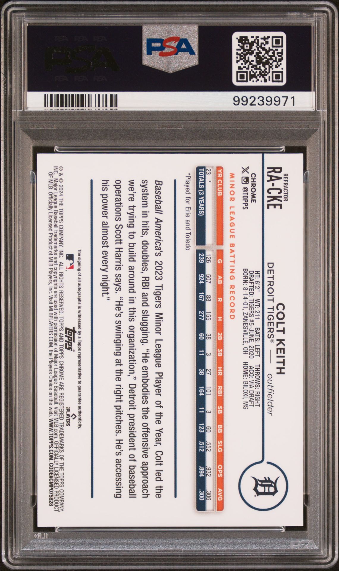2024 Topps Chrome Rookie Autographs Colt Keith #Racke (Rookie Auto-Refractor) Gem Mt 10 back view - PSA certificate #99239971