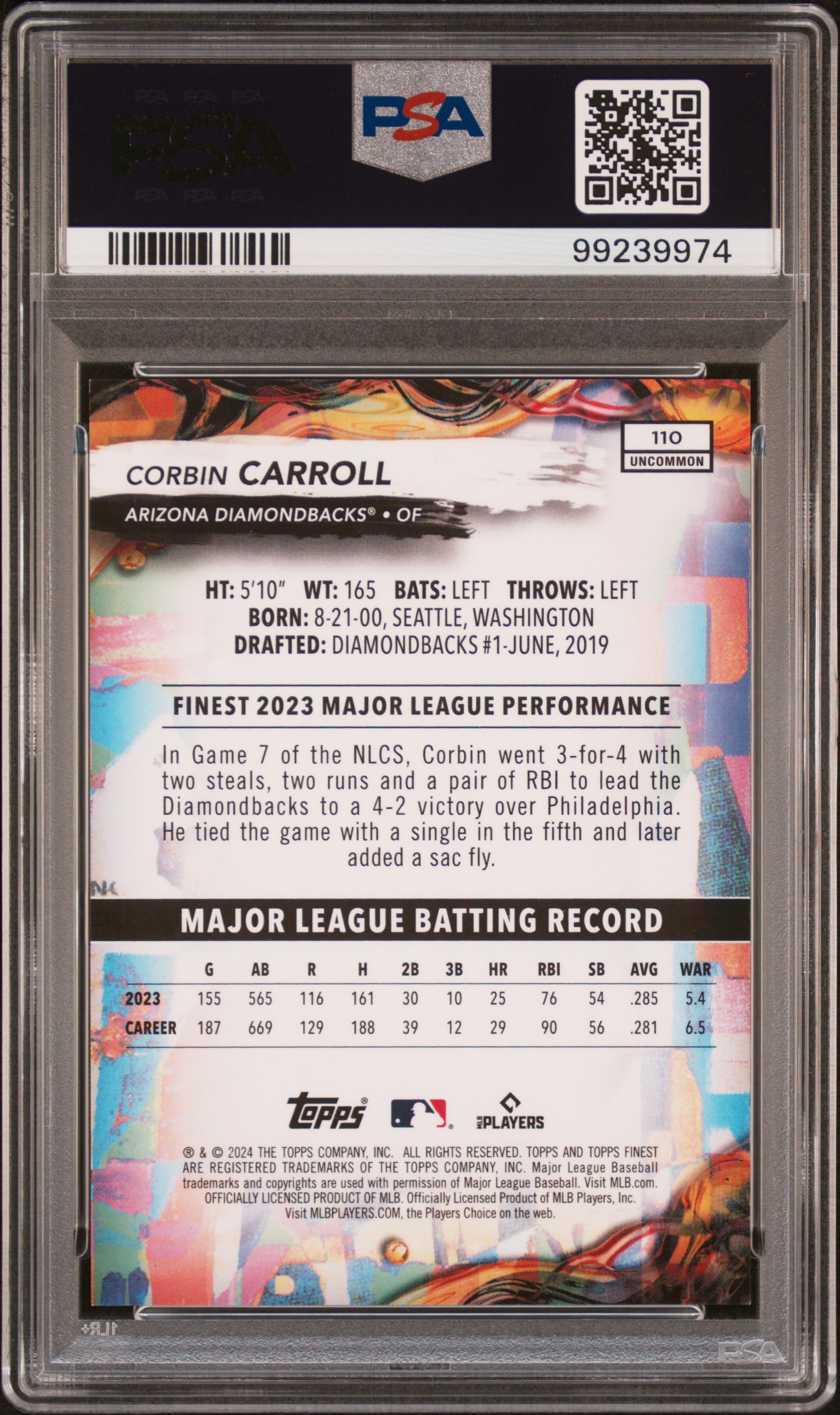 2024 Topps Finest Corbin Carroll #110 (Orange Refractor) Gem Mt 10 back