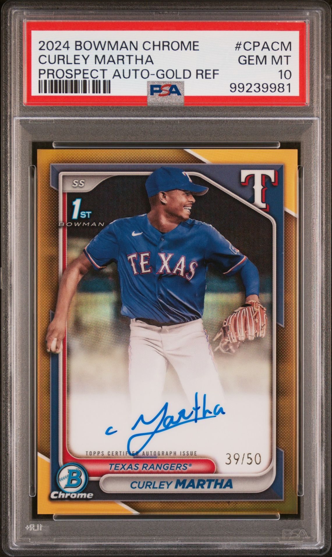 2024 Bowman Chrome Prospect Autographs Curley Martha #Cpacm (Prospect Auto-Gold Ref) Gem Mt 10 front view - PSA graded GEM MT 10