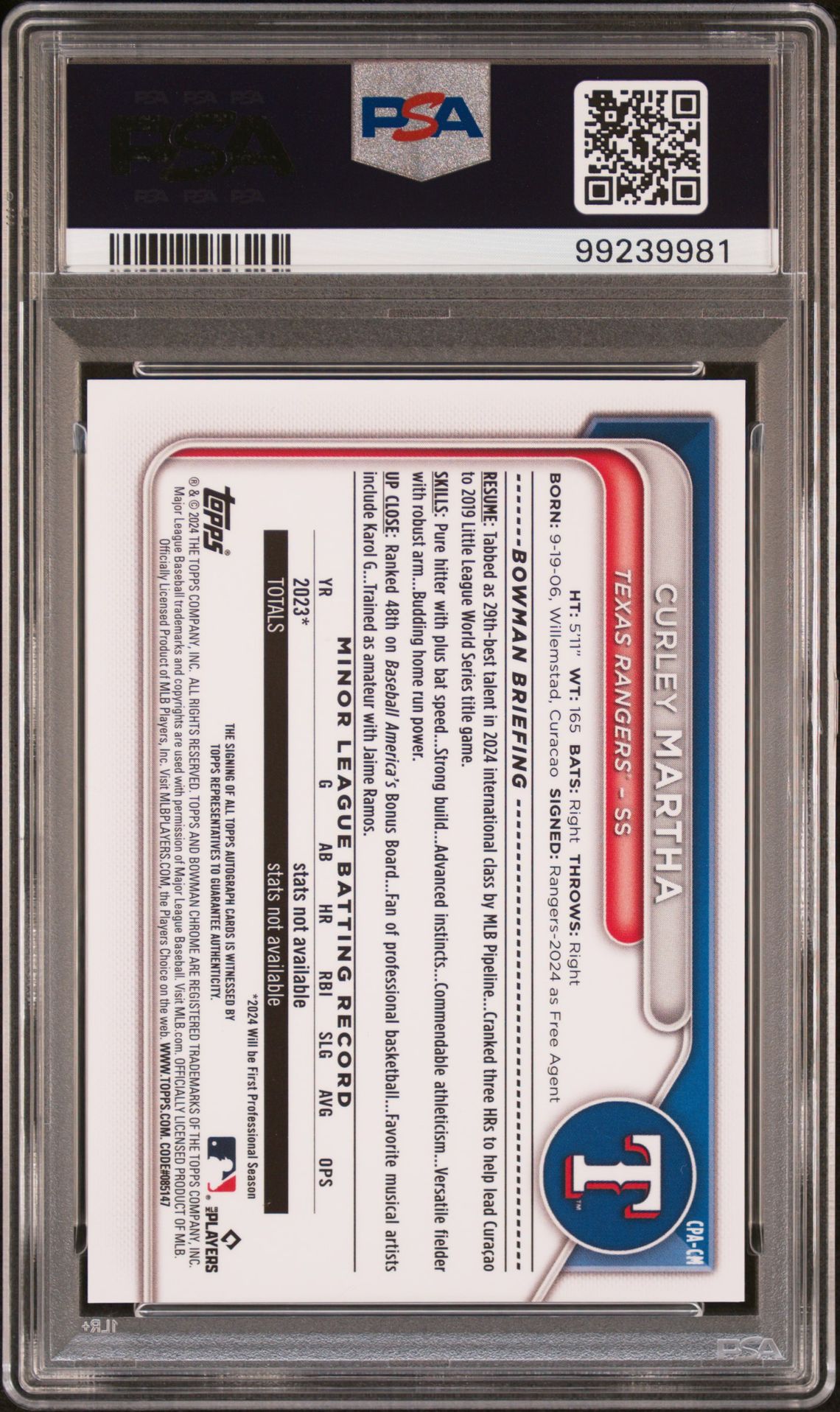 2024 Bowman Chrome Prospect Autographs Curley Martha #Cpacm (Prospect Auto-Gold Ref) Gem Mt 10 back view - PSA certificate #99239981
