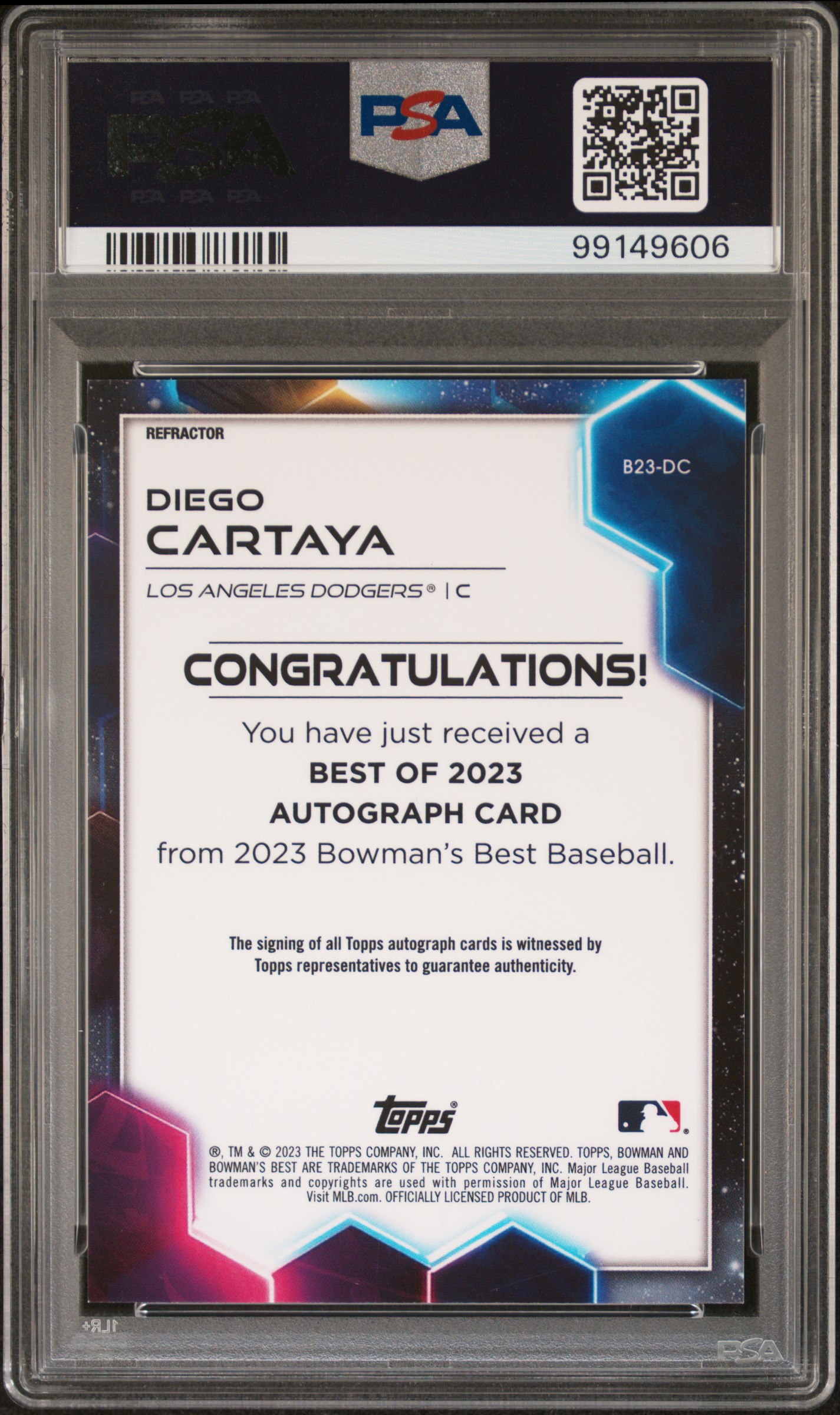 2023 Bowman's Best Best Of 2023 Autographs Diego Cartaya #B23Dc (Best Of 2023 Auto-Refractor) Gem Mt 10 back