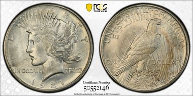 1921 $1 High Relief, Peace MS65