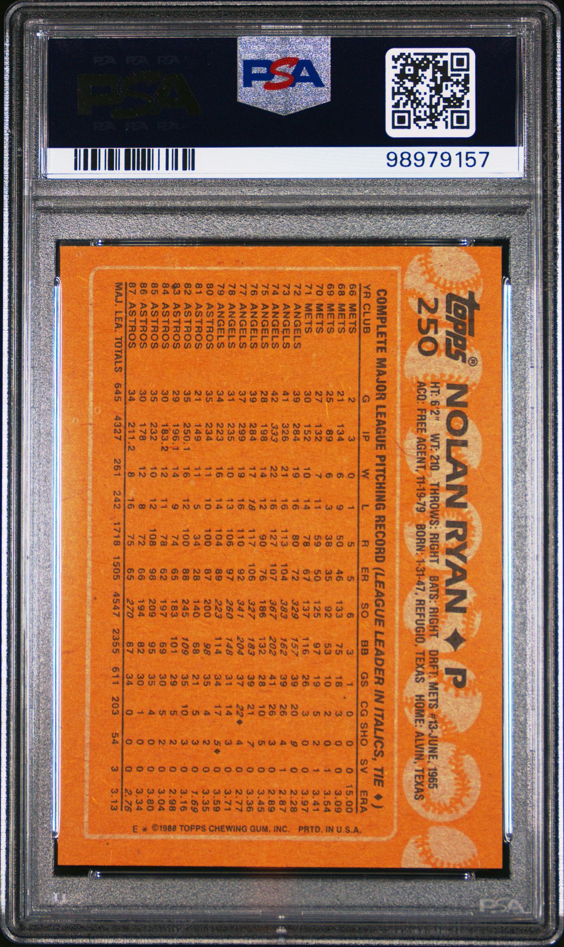 1988 Topps Nolan Ryan #250 Ex 5 back