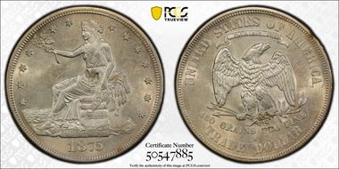 1875-S T$1 Chopmarked AU58