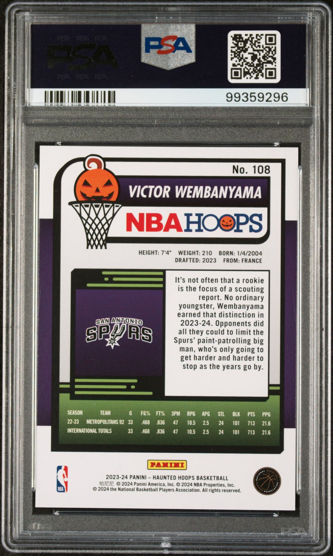 2023 Panini Haunted Hoops Victor Wembanyama #108 (Orange) Gem Mt 10 back view - PSA certificate #99359296
