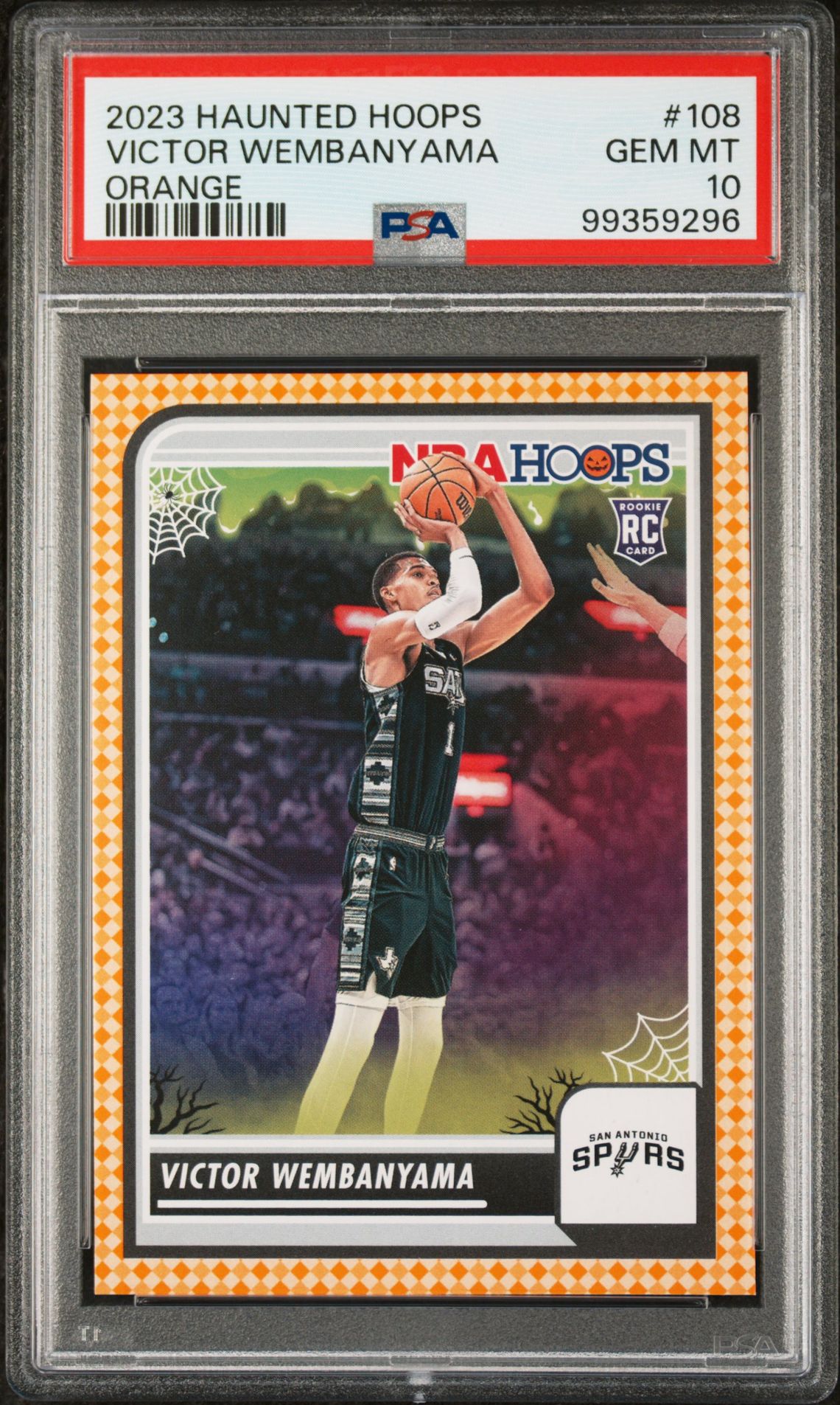 2023 Panini Haunted Hoops Victor Wembanyama #108 (Orange) Gem Mt 10 front view - PSA graded GEM MT 10