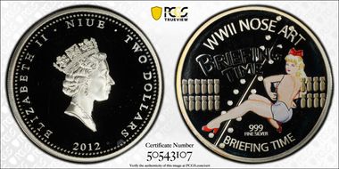 2012 $2 Briefing Time WWII Nose Art Colorized PR69DCAM