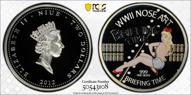 2012 $2 Briefing Time WWII Nose Art Colorized PR70DCAM