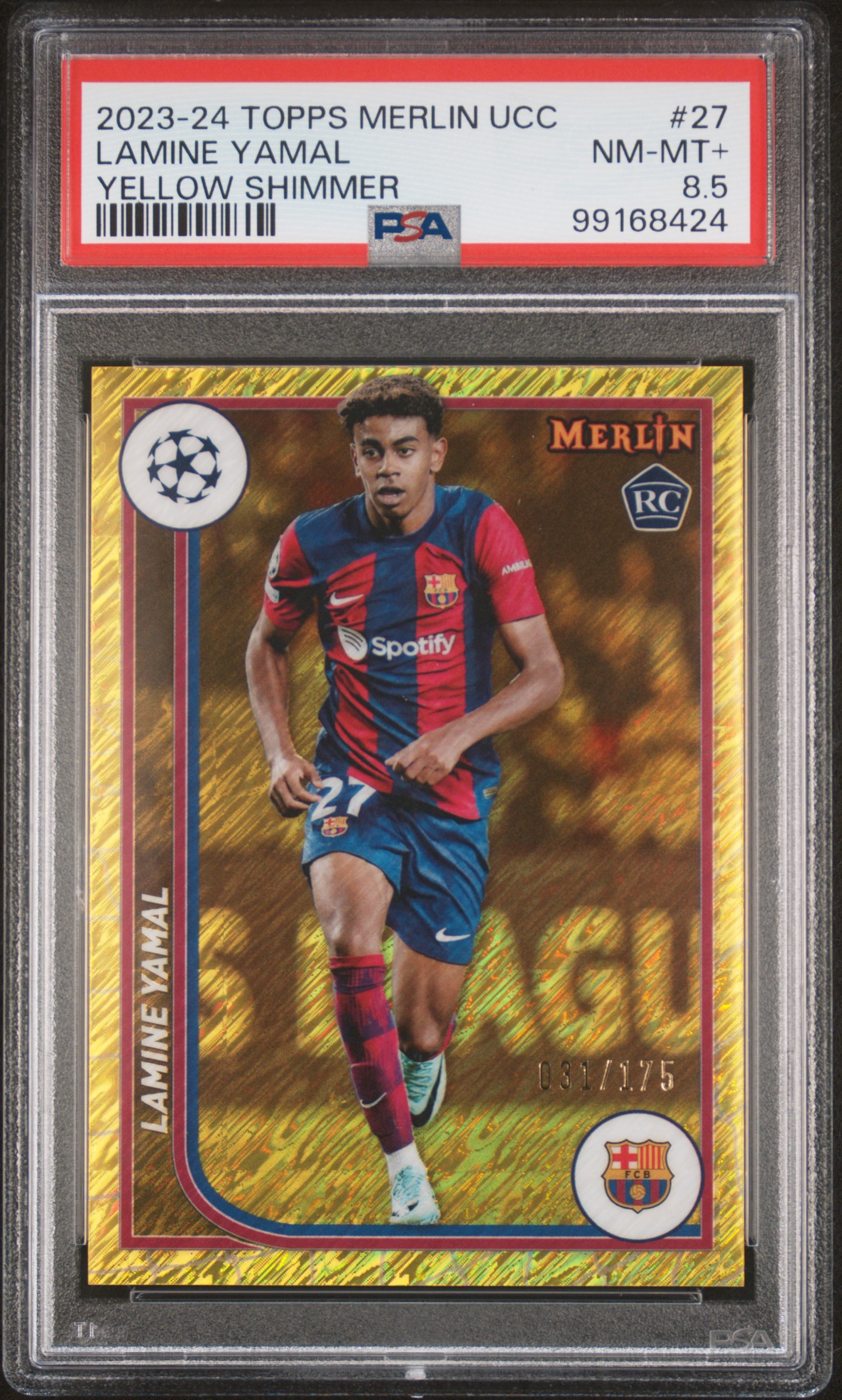 2023-24 Topps Merlin Uefa Club Competitions Lamine Yamal #27 (Yellow Shimmer) Nm-Mt+ 8.5 front