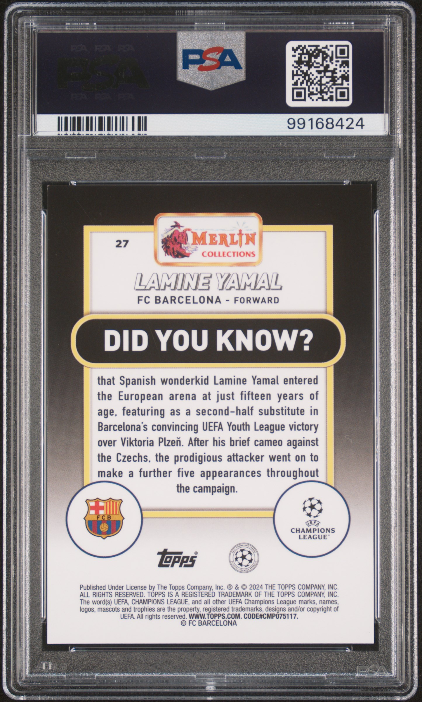 2023-24 Topps Merlin Uefa Club Competitions Lamine Yamal #27 (Yellow Shimmer) Nm-Mt+ 8.5 back