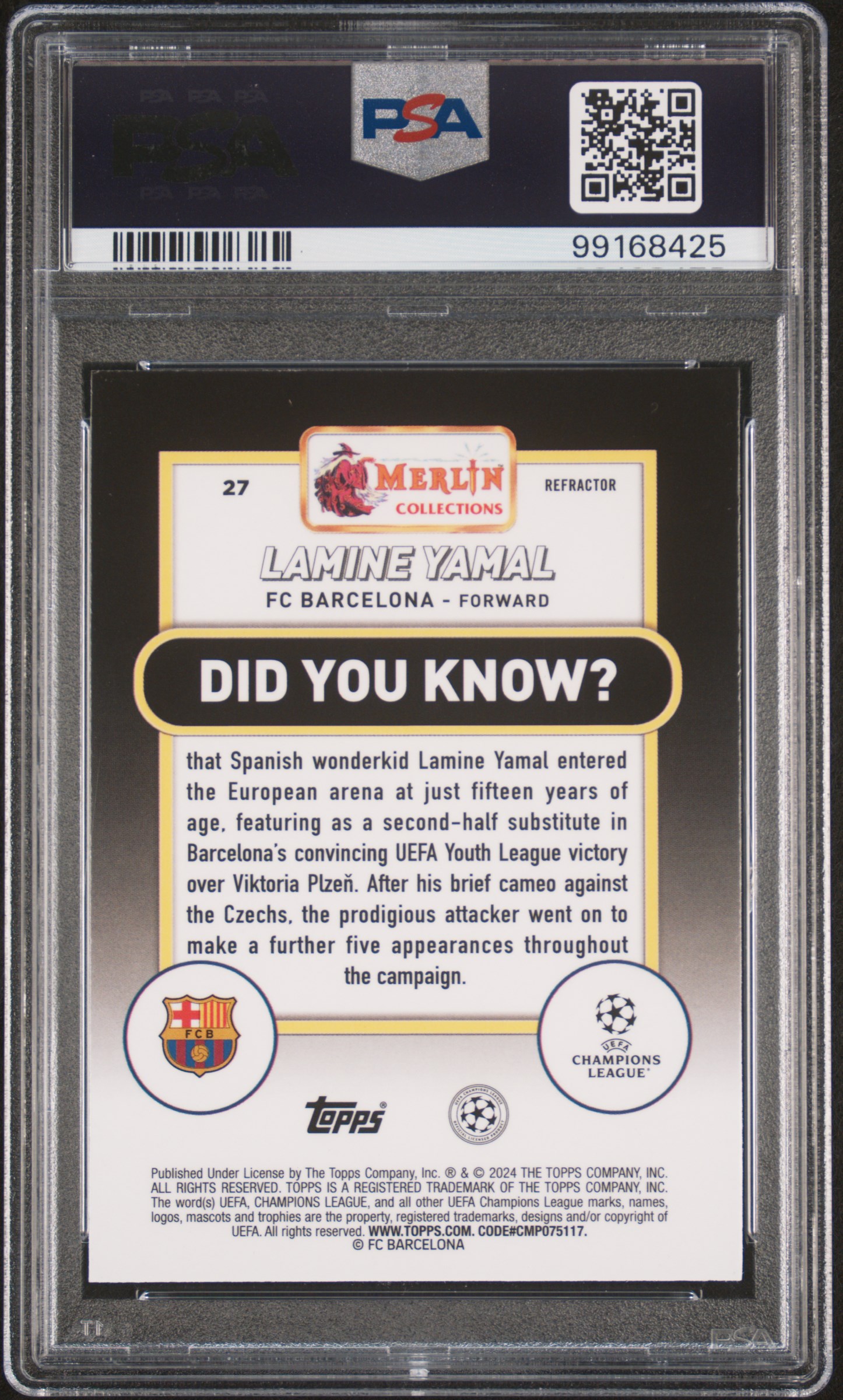 2023-24 Topps Merlin Uefa Club Competitions Lamine Yamal #27 (Refractor) Mint 9 back