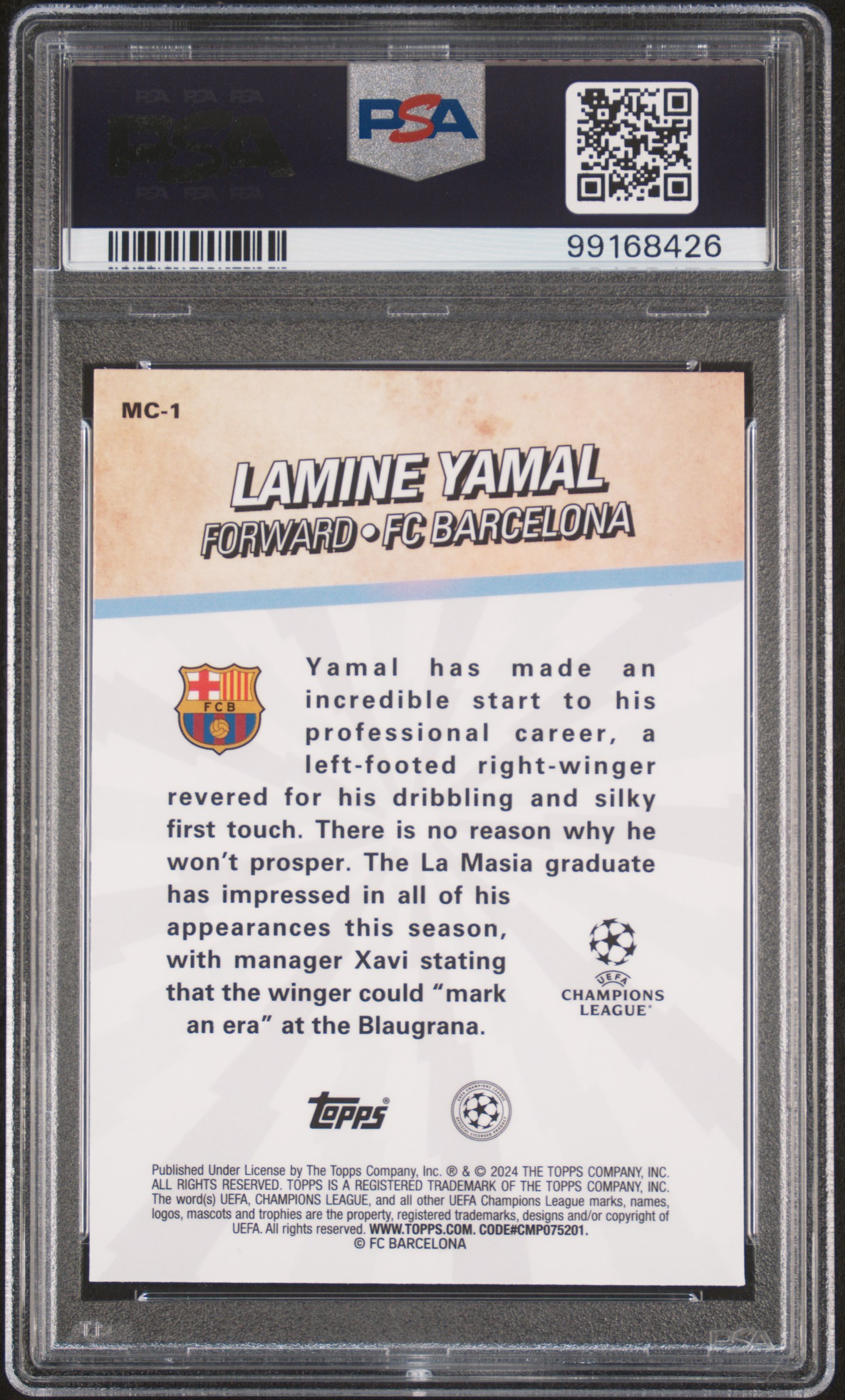 2023-24 Topps Merlin Uefa Club Competitions Merlin's Chosen Ones Lamine Yamal #Mc1 Gem Mt 10 back
