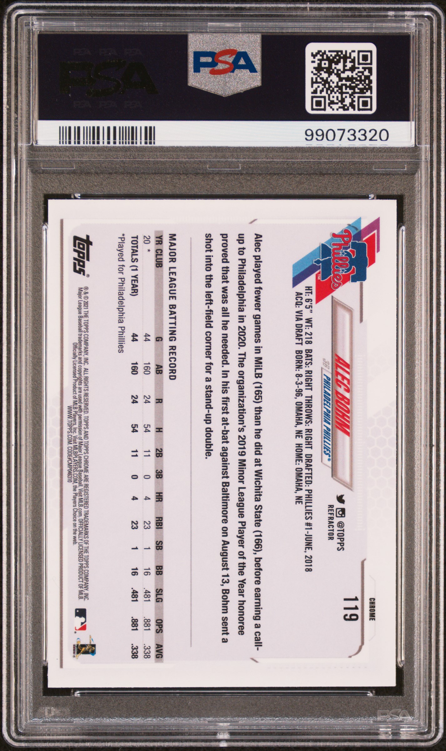 2021 Topps Chrome Alec Bohm #119 (Sepia Refractor) Gem Mt 10 back