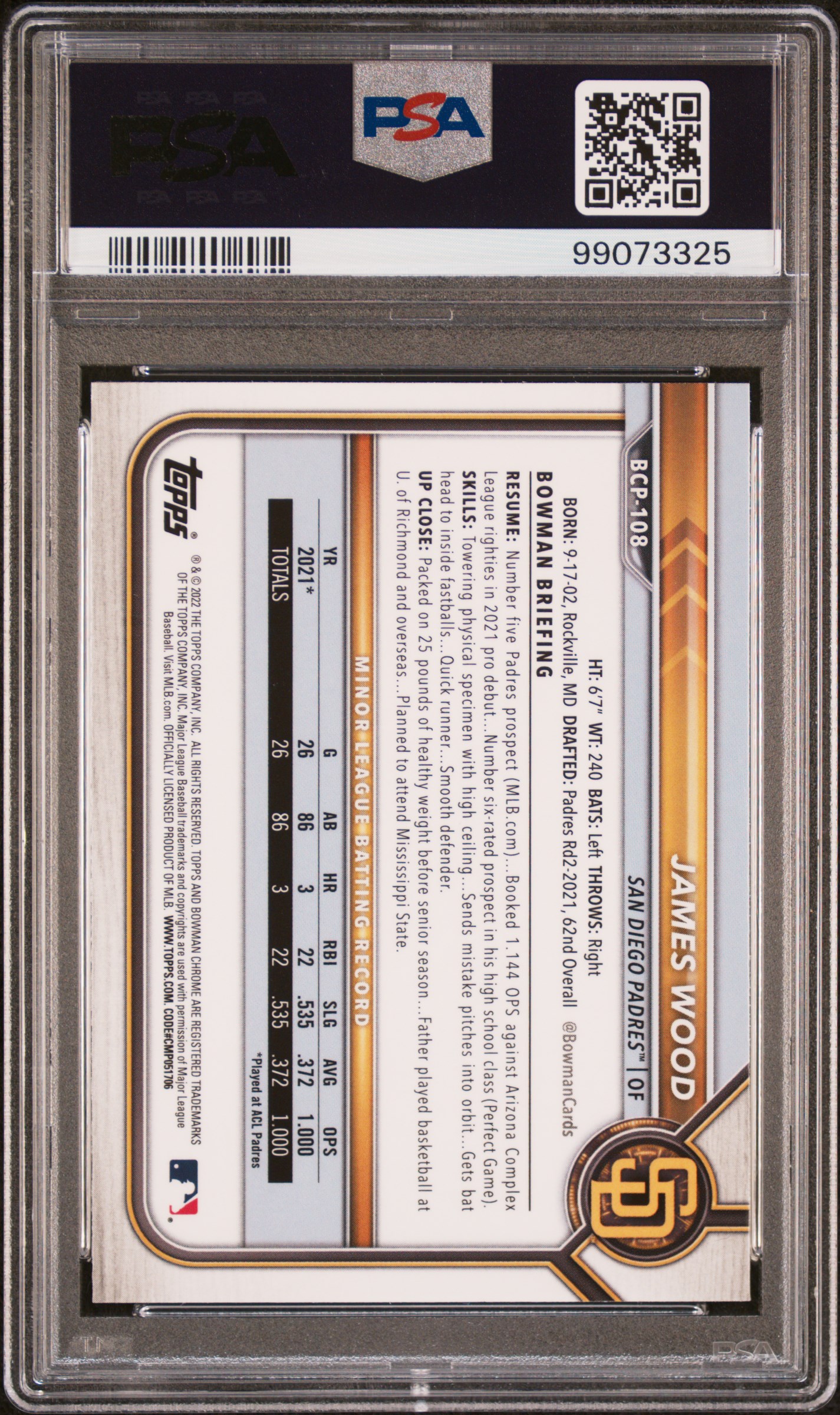 2022 Bowman Chrome Prospects James Wood #Bcp108 (Chrome Prospects) Mint 9 back