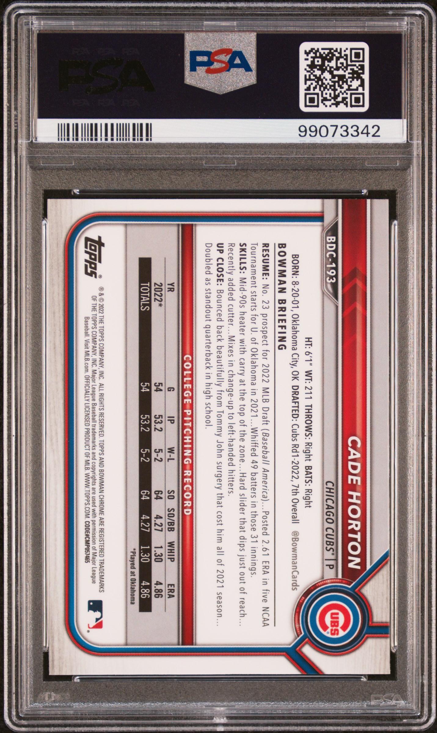 2022 Bowman Draft Chrome Sapphire Edition Cade Horton #Bdc193 Gem Mt 10 back