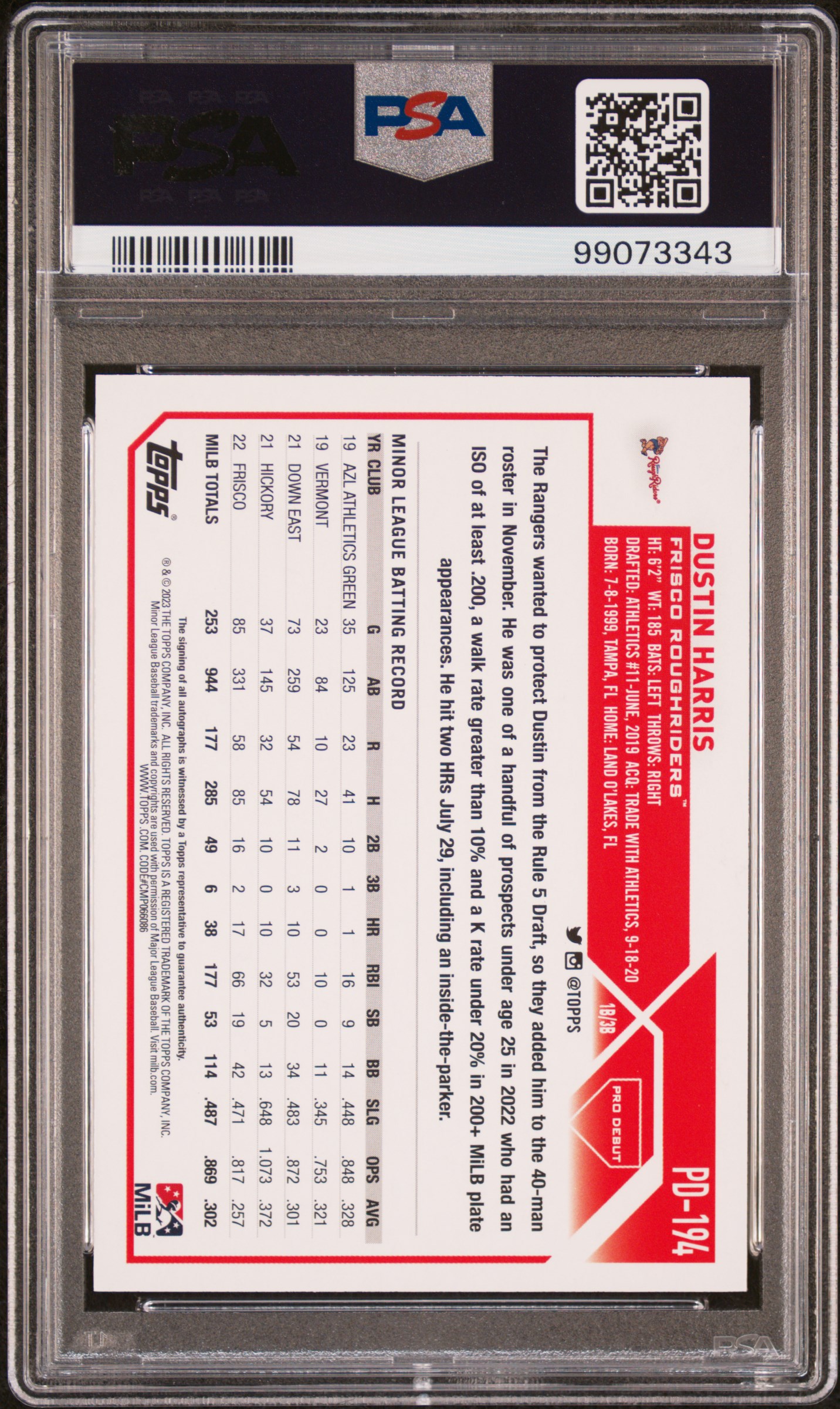 2023 Topps Pro Debut Dustin Harris #Pd194 (Autograph) Gem Mt 10 back