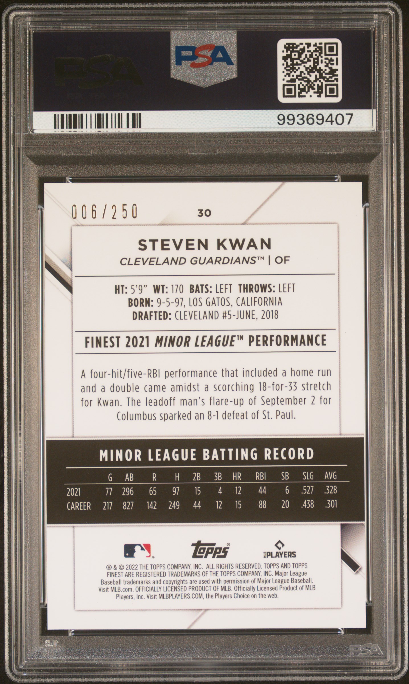 2022 Topps Finest Steven Kwan #30 (Purple Refractor) Mint 9 back