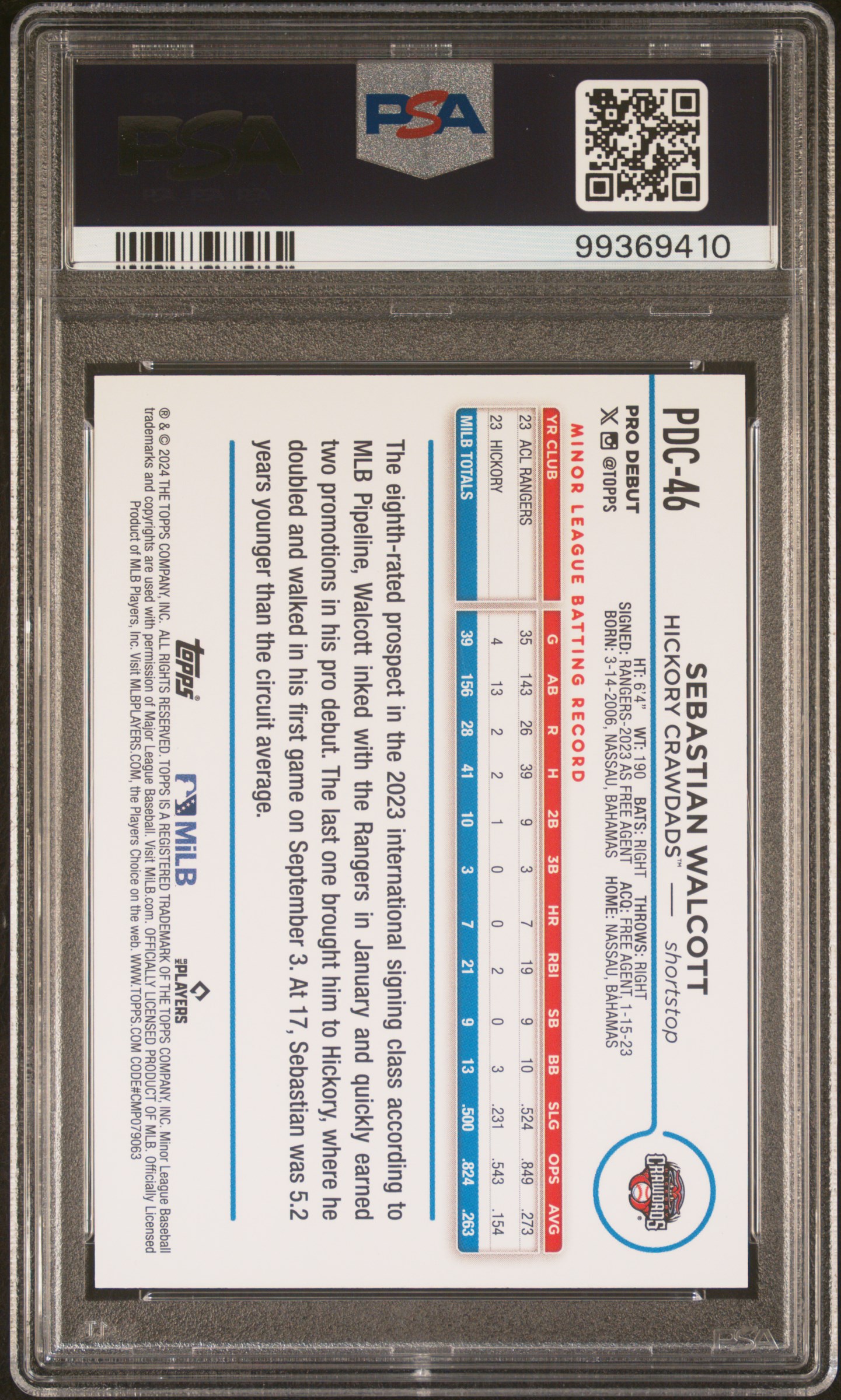 2024 Topps Pro Debut Sebastian Walcott #Pdc46 (Image Variation) Gem Mt 10 back