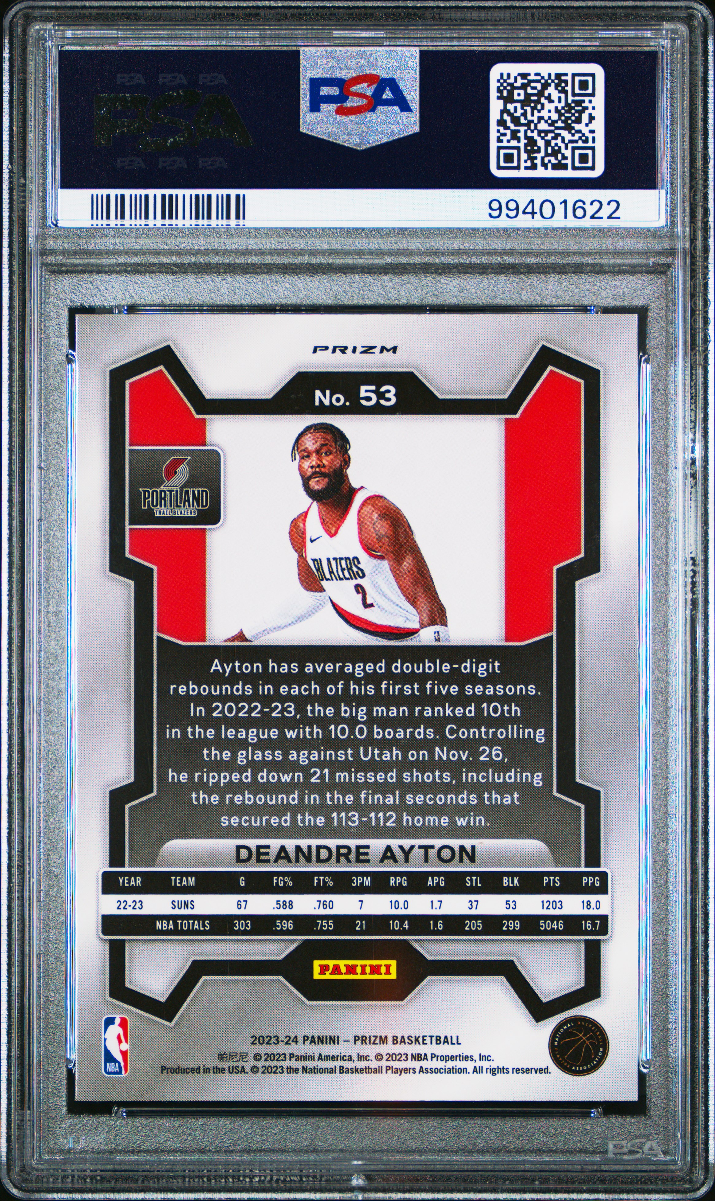 2023 Panini Prizm Deandre Ayton #53 (Red Sparkle) Gem Mt 10 back