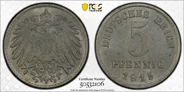 1915-F 5 Pfg Iron J-297 MS65