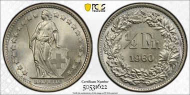 1960 B 1/2 Fr KM-23  Ag MS66