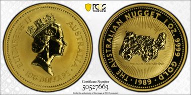 1989 $100 Nugget Au MS69