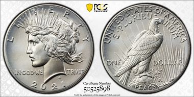 2021 $1 Peace Dollar 100th Anniversary MS70