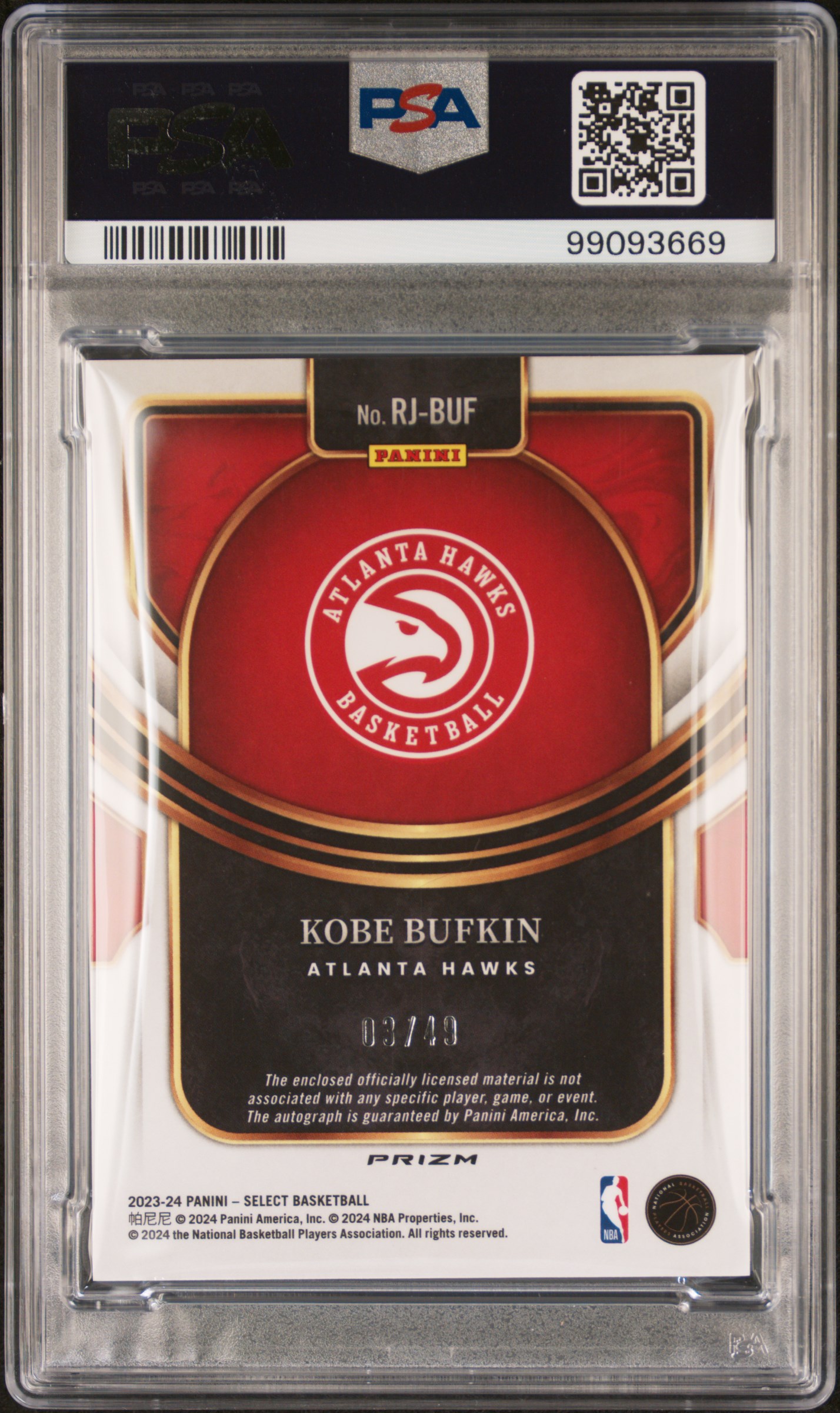 2023 Panini Select Rookie Jersey Autographs Kobe Bufkin #Rjbuf (Rookie Jersey Au-Blue Prizm) Gem Mt 10 back