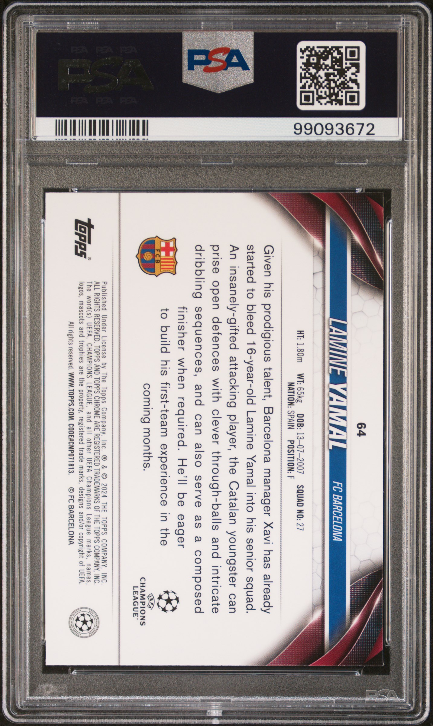 2023-24 Topps Chrome Uefa Club Competitions Lamine Yamal #64 Gem Mt 10 back