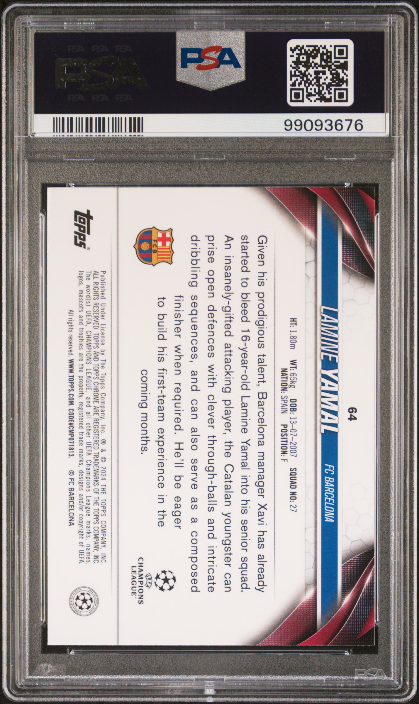 2023-24 Topps Chrome Uefa Club Competitions Lamine Yamal #64 Gem Mt 10 back
