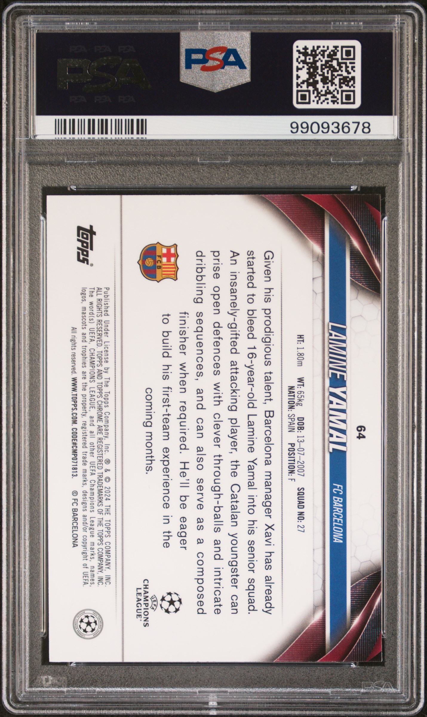 2023-24 Topps Chrome Uefa Club Competitions Lamine Yamal #64 Gem Mt 10 back