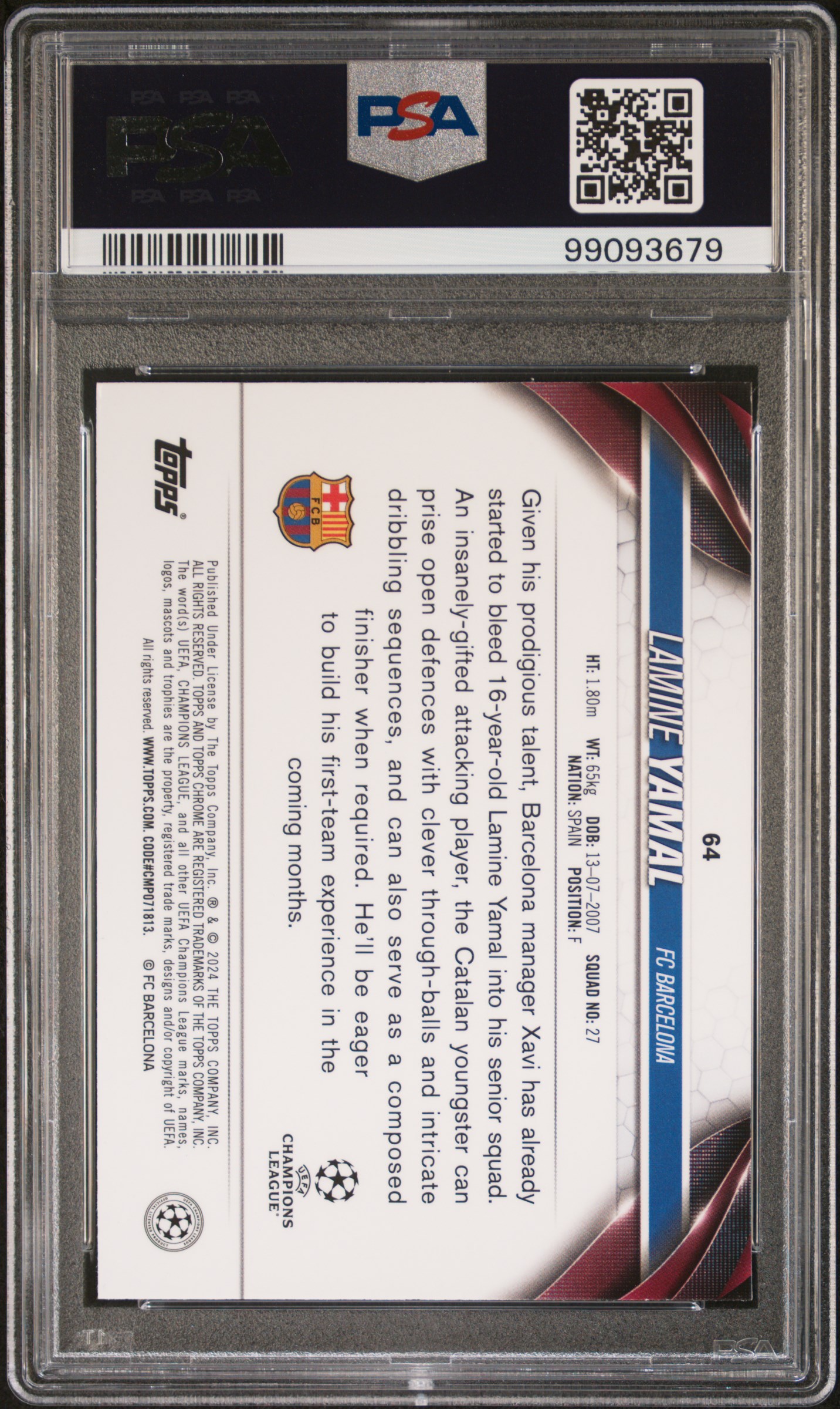 2023-24 Topps Chrome Uefa Club Competitions Lamine Yamal #64 Gem Mt 10 back