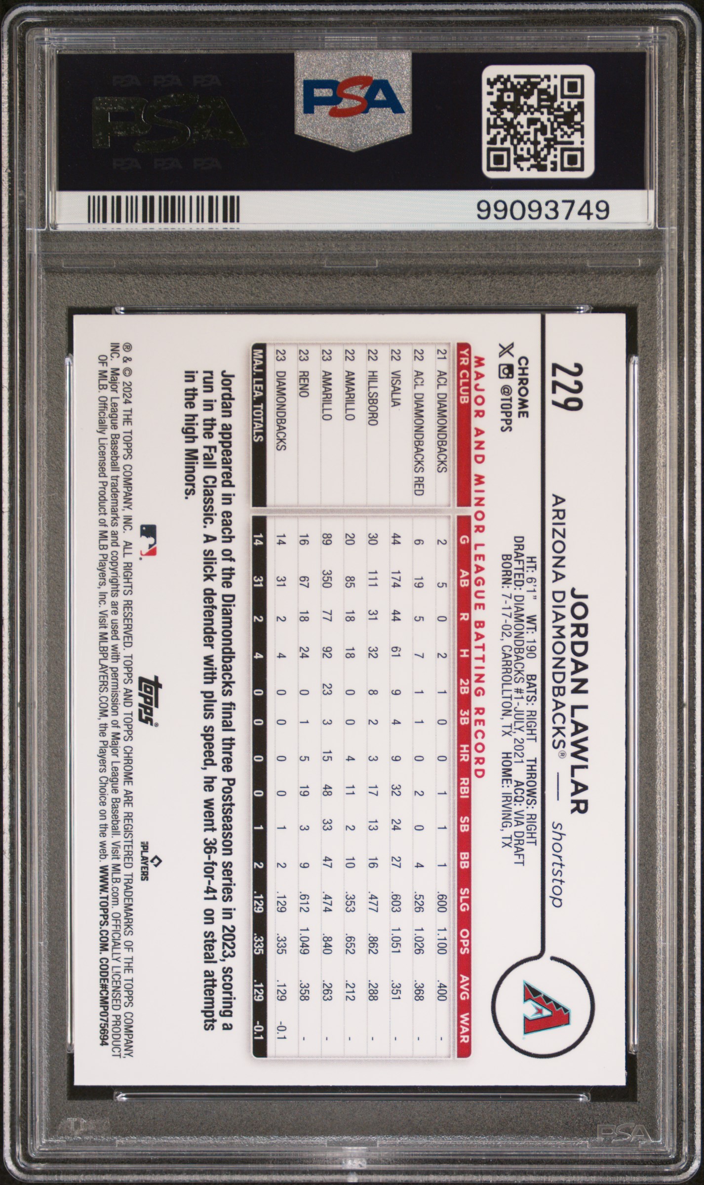 2024 Topps Chrome Jordan Lawlar #229 (Prism Refractor) Gem Mt 10 back
