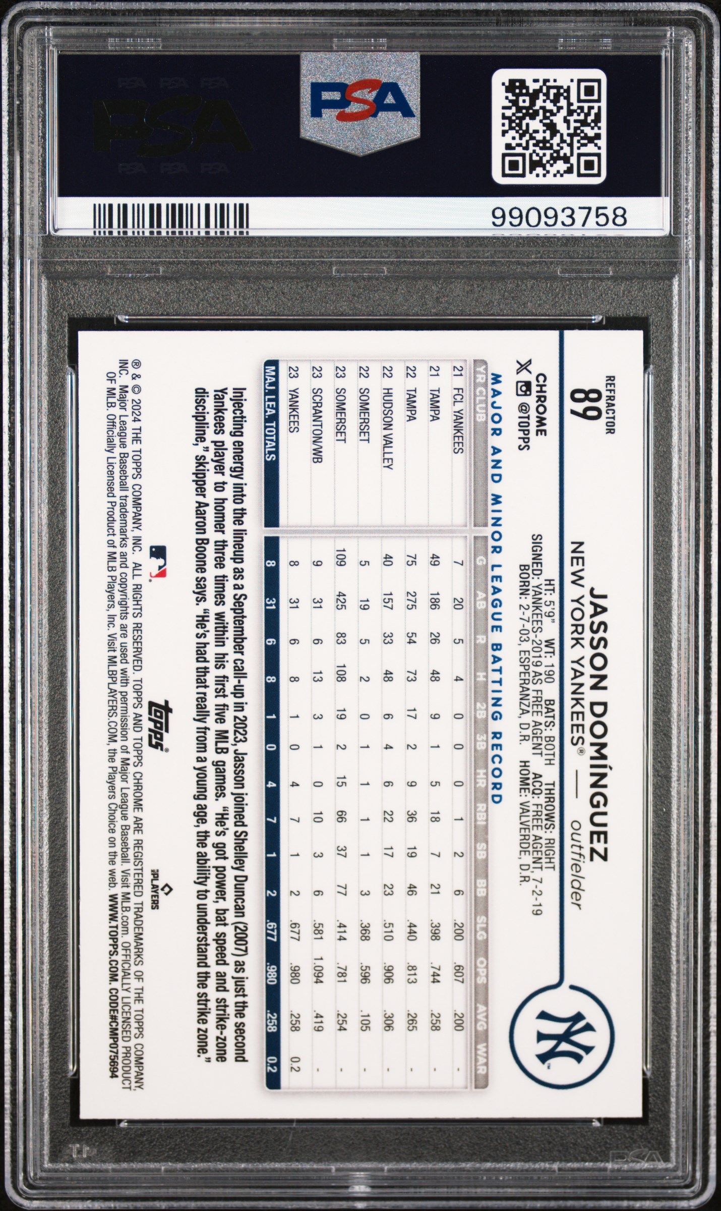 2024 Topps Chrome Jasson Dominguez #89 (Refractor) Gem Mt 10 back