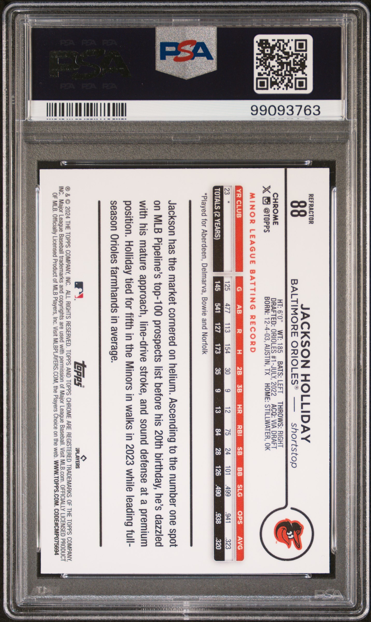 2024 Topps Chrome Jackson Holliday #88 (Refractor) Mint 9 back