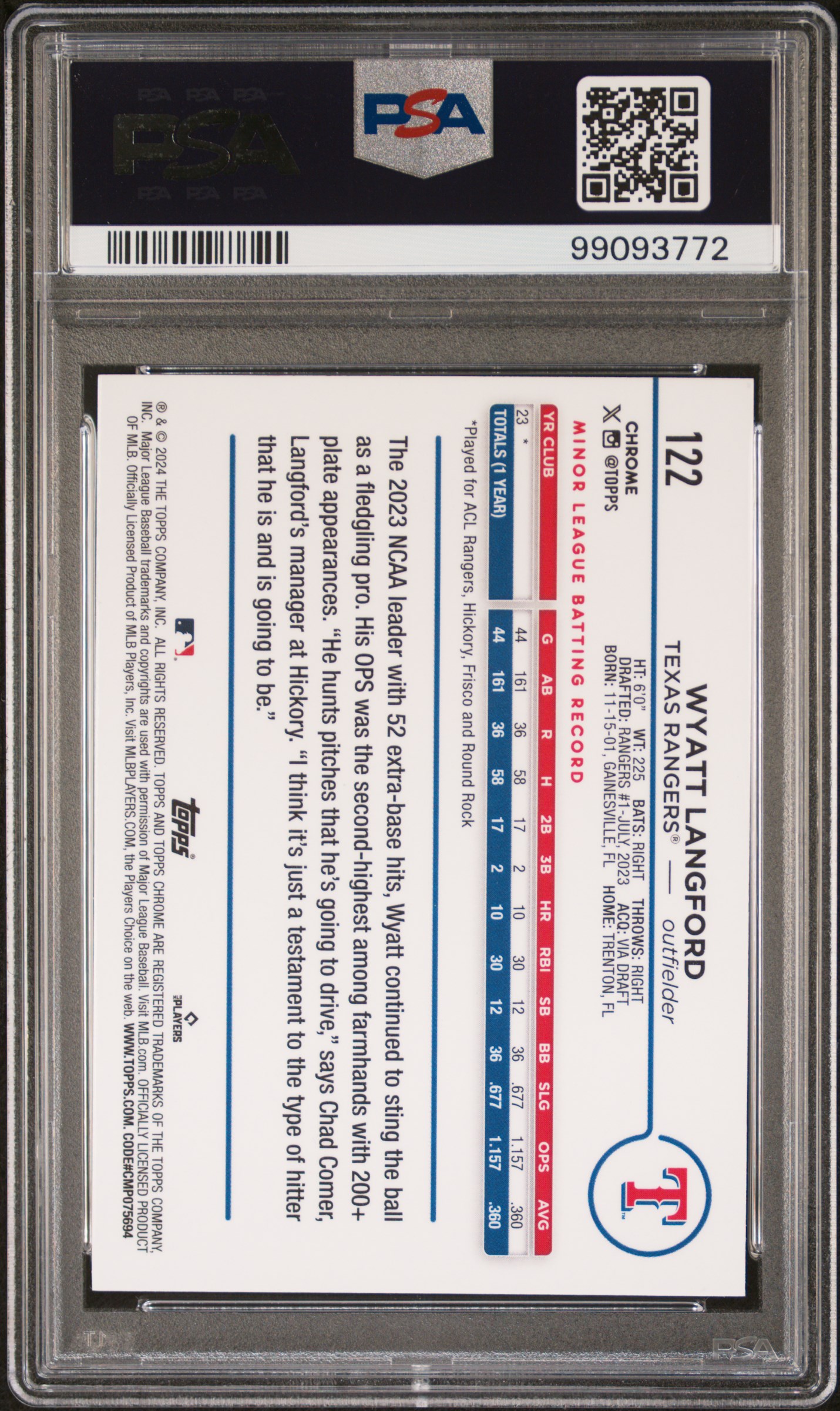 2024 Topps Chrome Wyatt Langford #122 (Sepia Refractor) Gem Mt 10 back