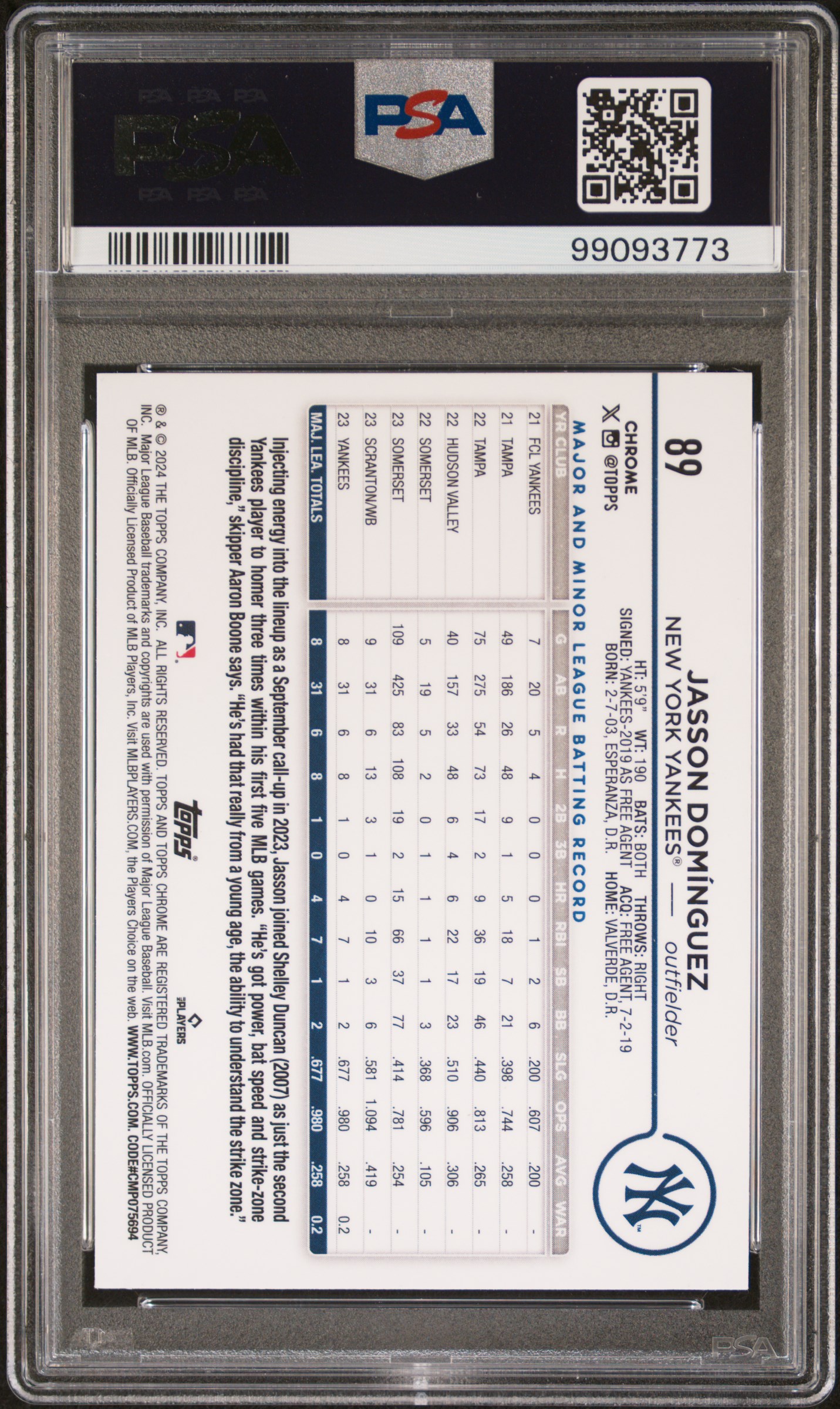 2024 Topps Chrome Jasson Dominguez #89 (Sepia Refractor) Gem Mt 10 back