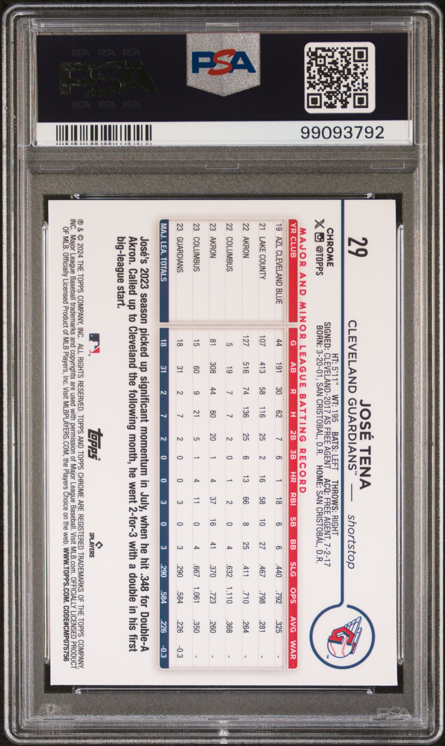 2024 Topps Chrome Jose Tena #29 (Lightboard Logo) Gem Mt 10 back