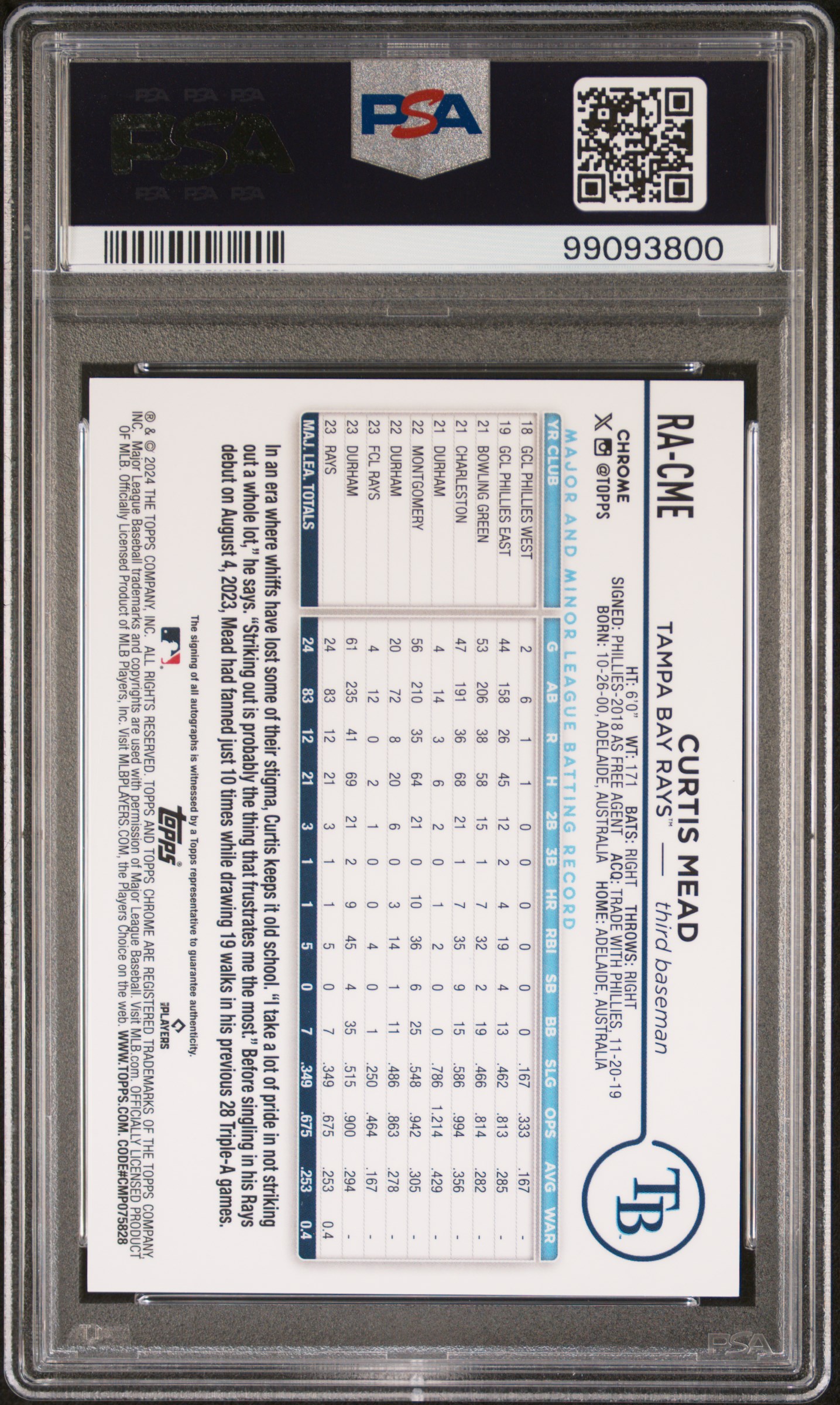 2024 Topps Chrome Rookie Autographs Curtis Mead #Racme (Rookie Auto-Blue Raywave) Gem Mt 10 back